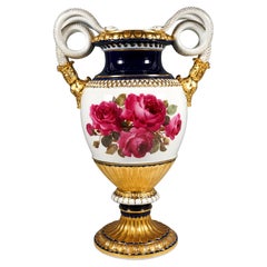 Antique Meissen Snake Handle Vase with Rose Soft Painting, by Leuteritz, ca 1865 H:49 cm