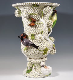 Large Meissen Splendid Vases With Snowball Blossoms, Birds & Insects, Circa 1850