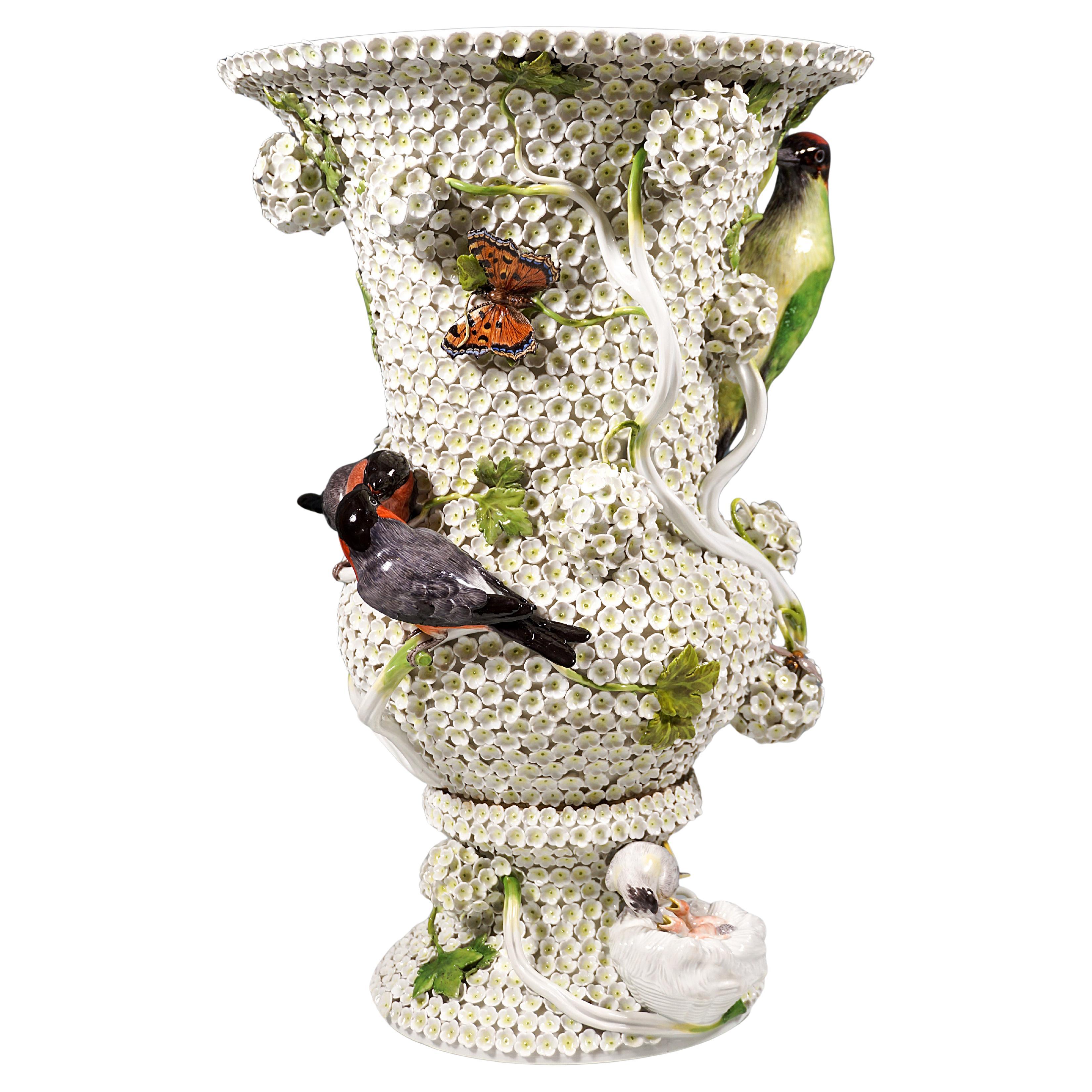 Grandi vasi splendidi di Meissen con fiori a palla di neve, uccelli e insetti, CIRCA 1850