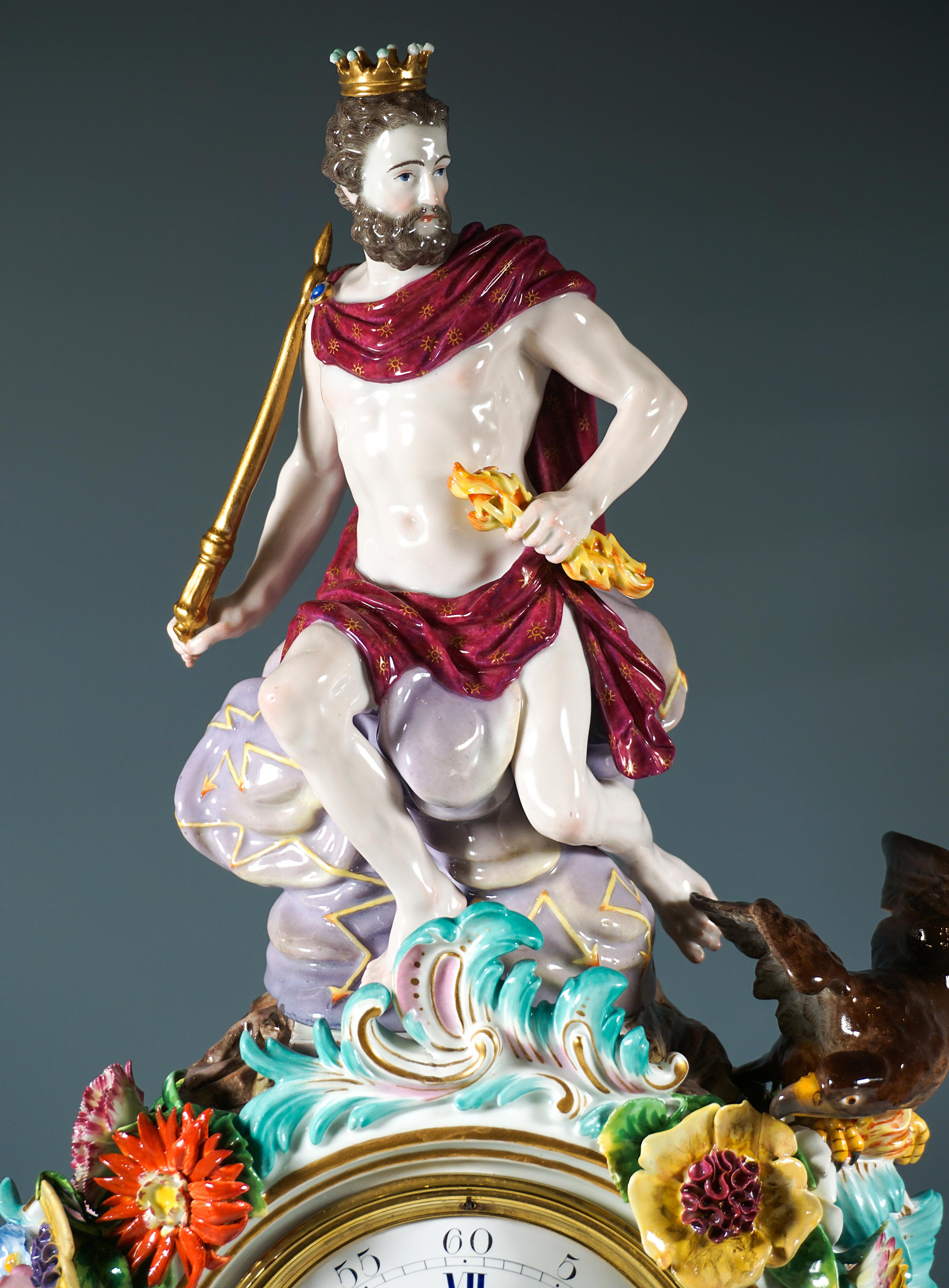 Mid-19th Century Large Meissen Splendour Clock, Crowned By Jupiter, J.J. Kaendler, Germany, 1860