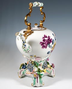 Large Meissen Teapot With Flower Decoration On Rechaud, Rococo Period, Ca 1730