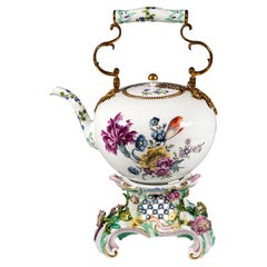 Large Meissen Teapot With Flower Decoration On Rechaud, Rococo Period, Ca 1730