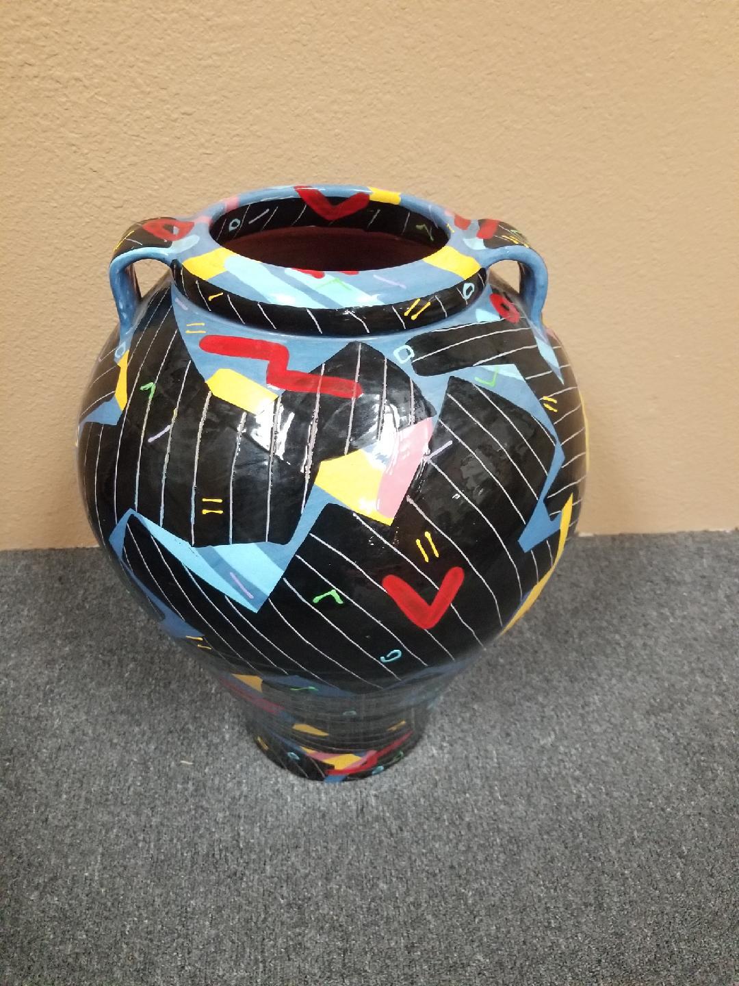 Large hand-painted Memphis style terracotta vase / jar by Donoghue, circa 1987. Very impressive and well conceived piece.