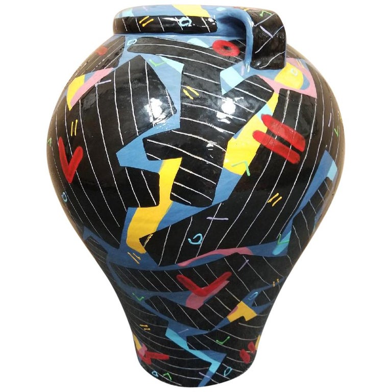 Large Memphis Style HandPainted Terracotta Vase by Donoghue at 1stDibs