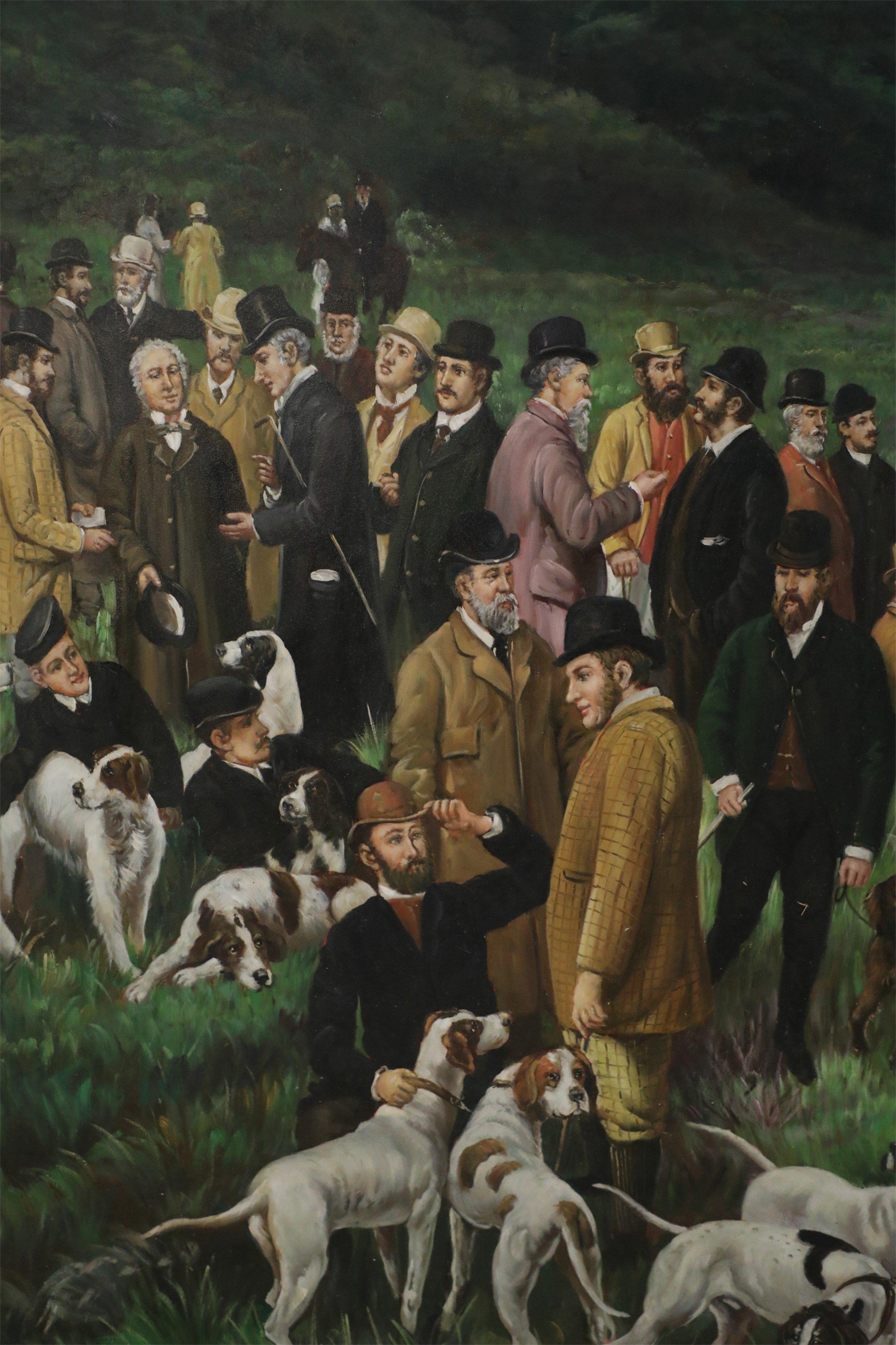 Large Men and Dogs Gathering for the Hunt Painting on Canvas For Sale 3