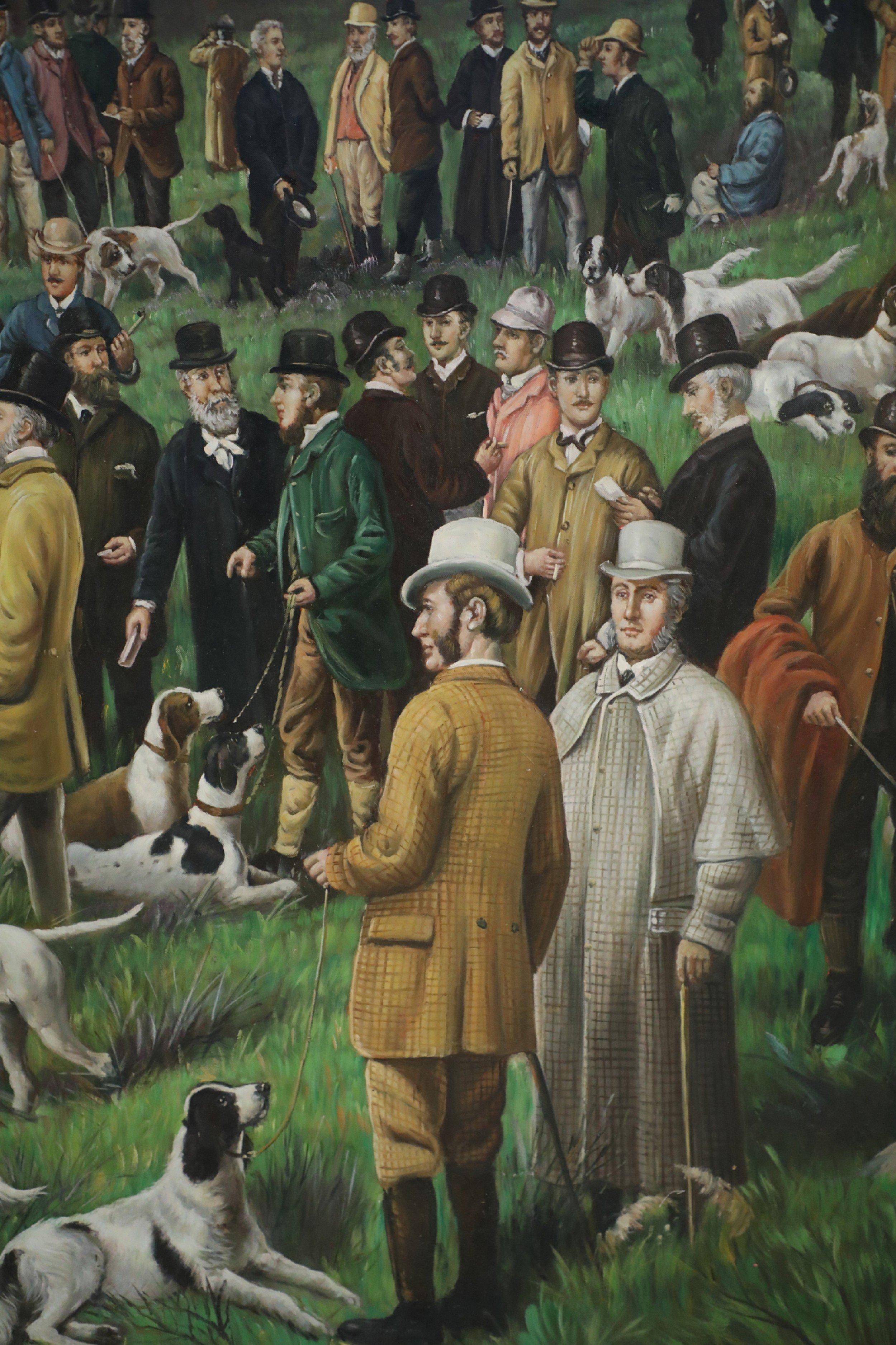 Large Men and Dogs Gathering for the Hunt Painting on Canvas For Sale 6