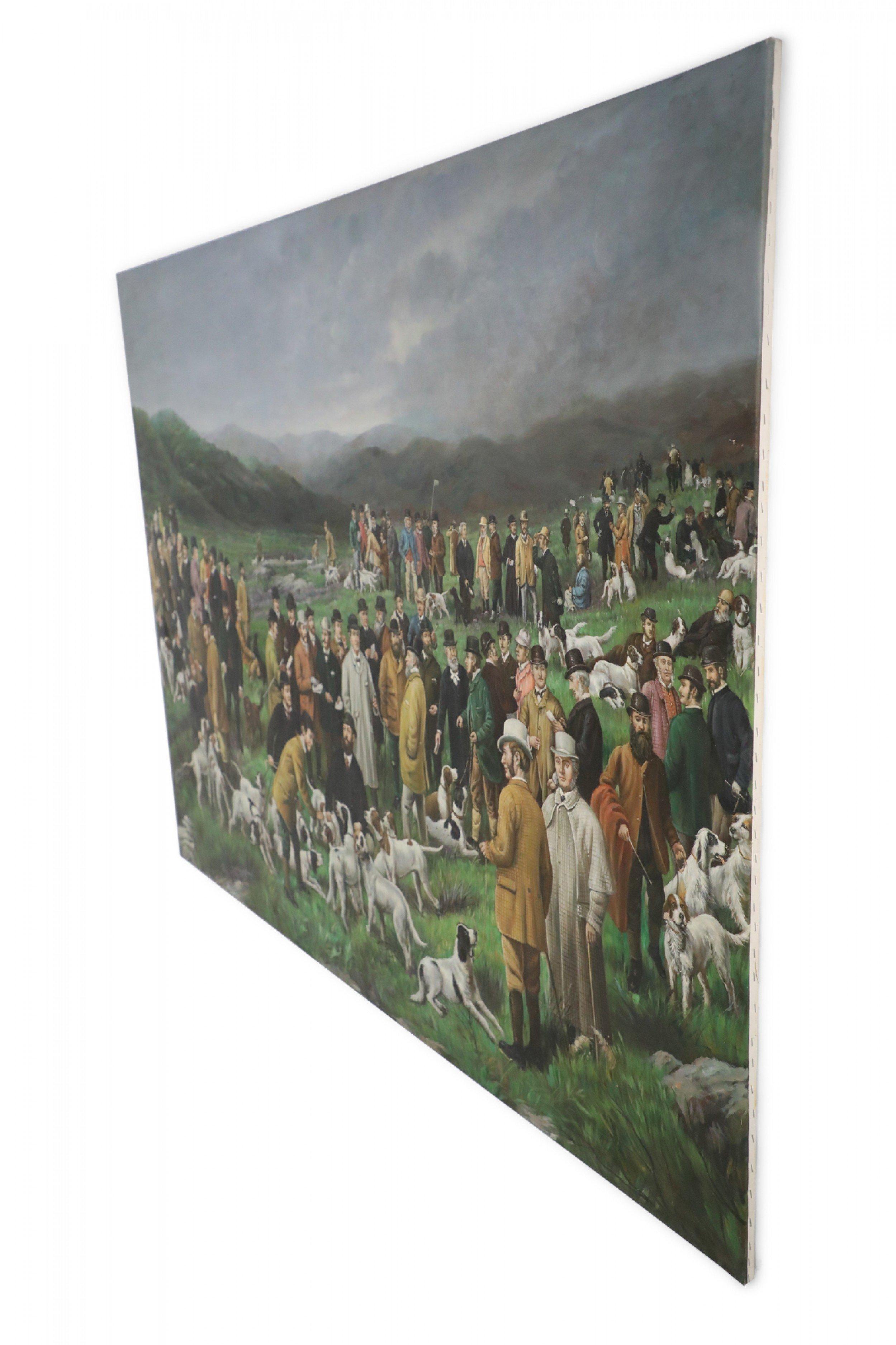 American Large Men and Dogs Gathering for the Hunt Painting on Canvas For Sale