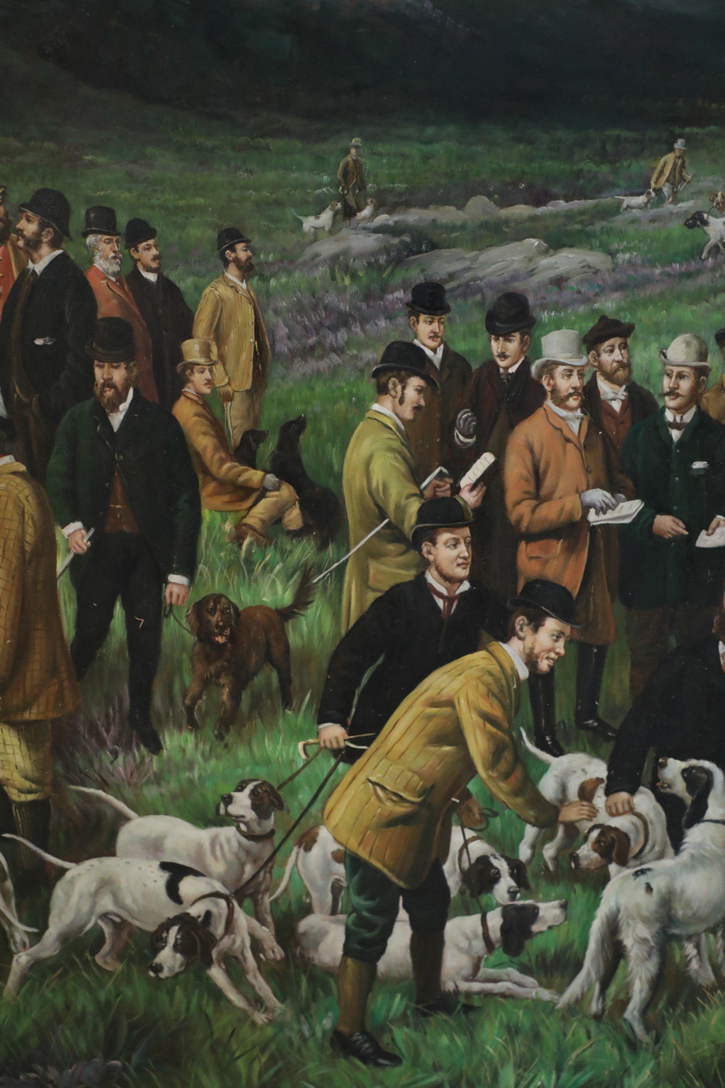 Large Men and Dogs Gathering for the Hunt Painting on Canvas In Good Condition For Sale In New York, NY