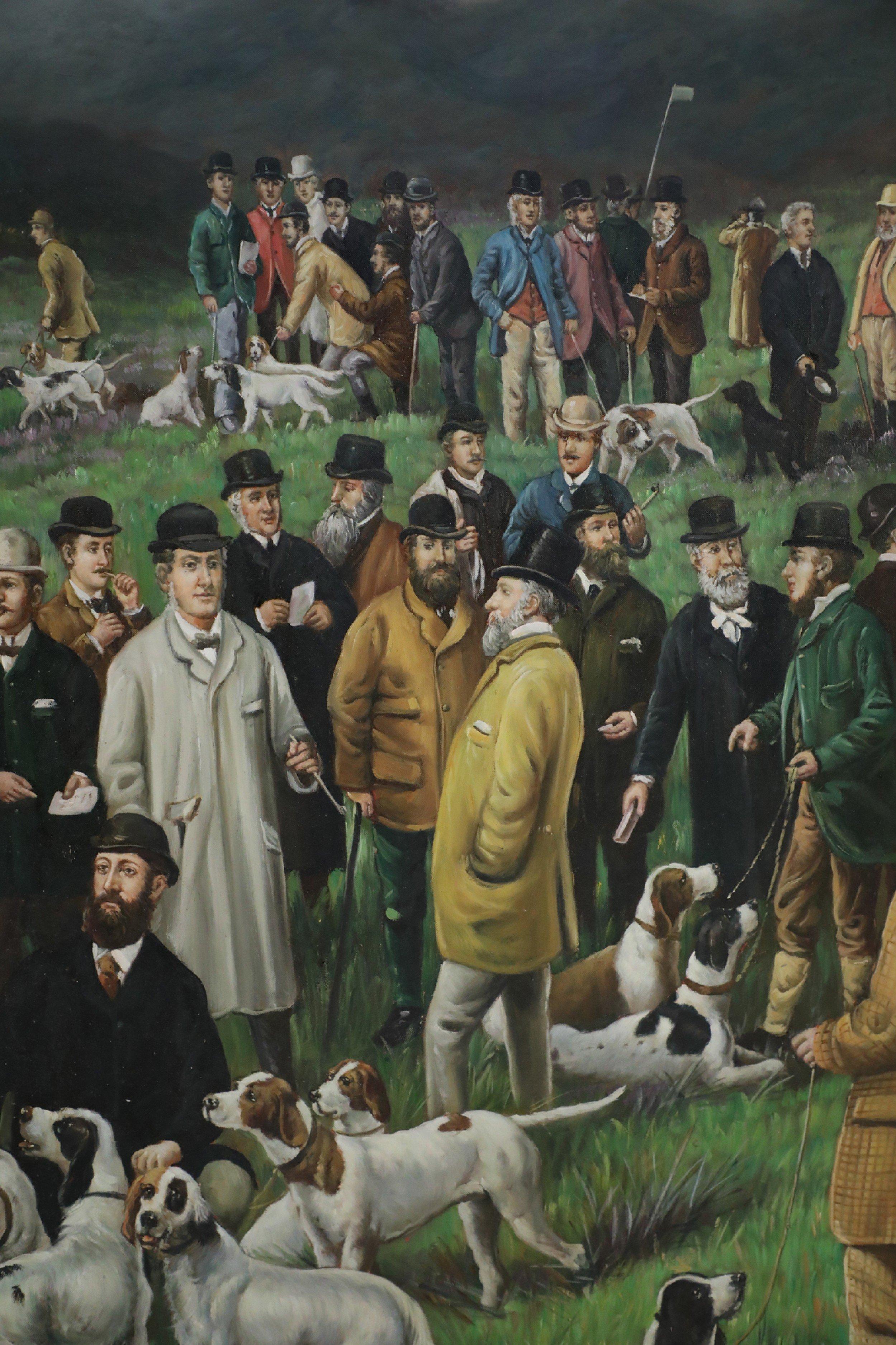 20th Century Large Men and Dogs Gathering for the Hunt Painting on Canvas For Sale