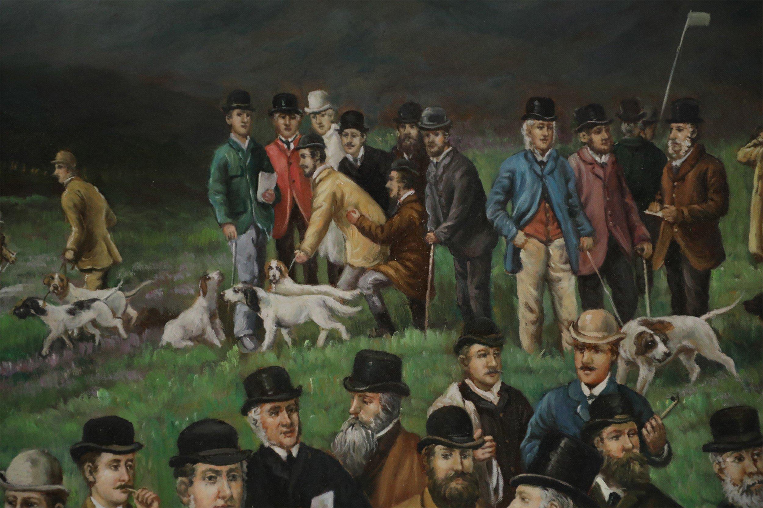 Large Men and Dogs Gathering for the Hunt Painting on Canvas For Sale 1