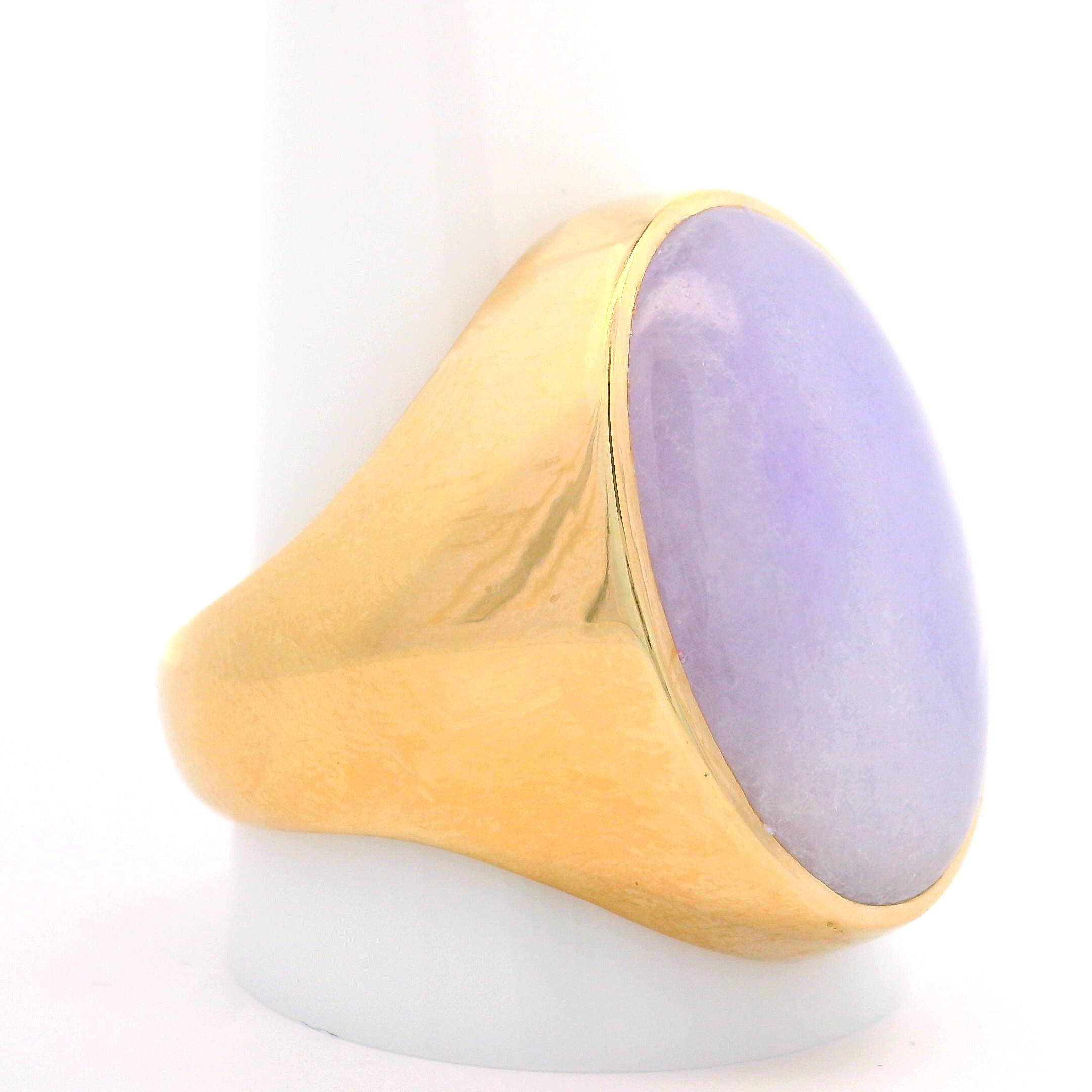–Stone(s)–
(1) Natural Genuine Jade - Oval Cabochon - Bezel Set - Lavender Color - 23.5x14.9mm (approx.)
Material: Solid 14k Yellow Gold
Weight: 18.06 Grams
Ring Size: 13 (sized on mandrel, please contact us prior to purchase with sizing