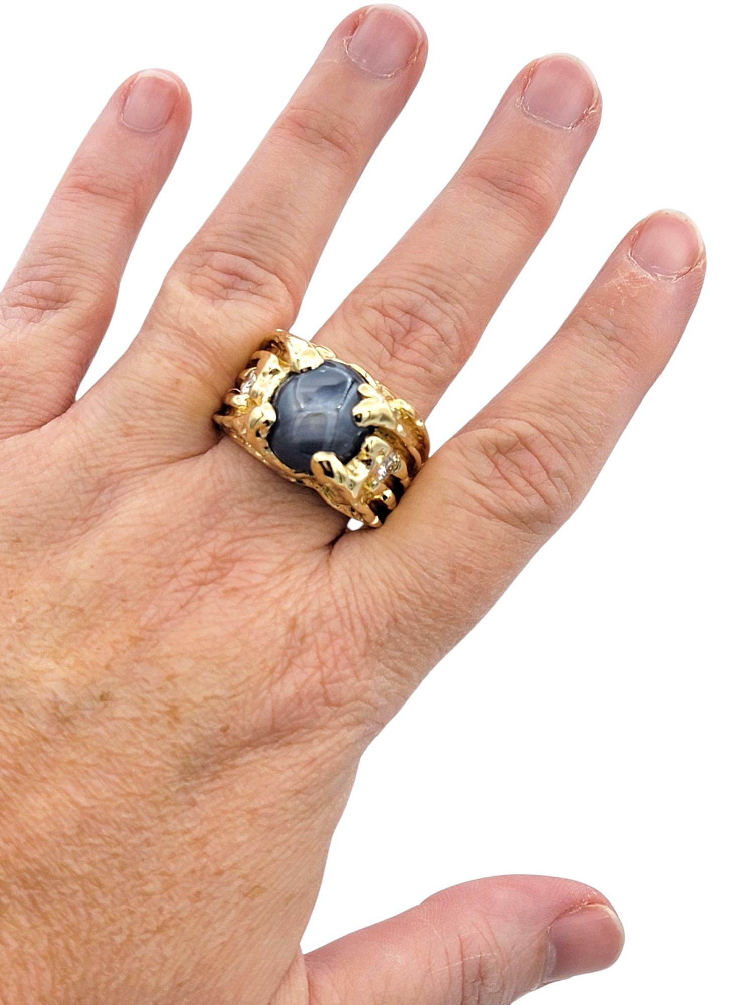 Large Mens Oval Cabochon Cut Star Sapphire & Diamond Ring 14 Karat Yellow Gold For Sale 5