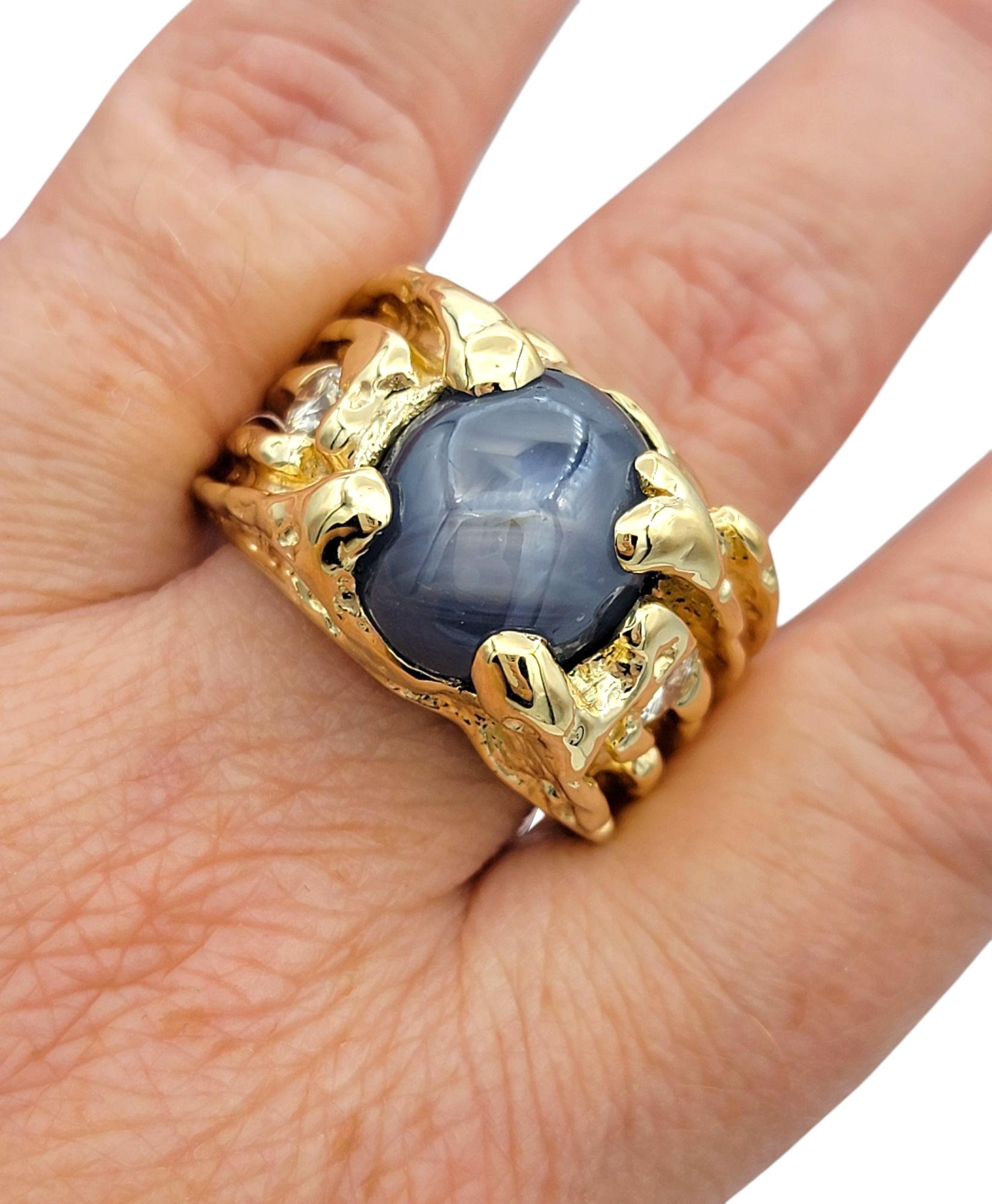 Large Mens Oval Cabochon Cut Star Sapphire & Diamond Ring 14 Karat Yellow Gold For Sale 6
