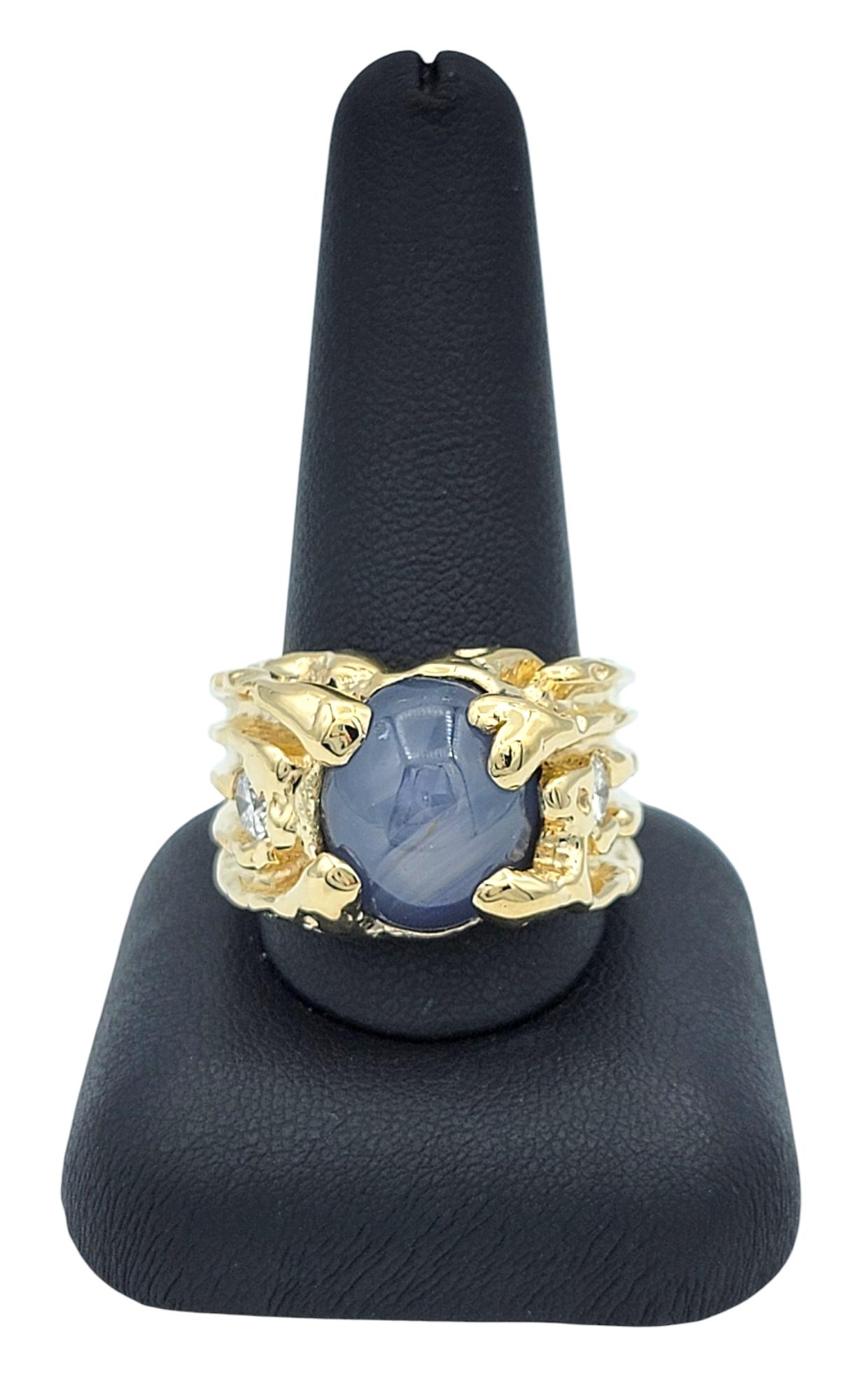 Large Mens Oval Cabochon Cut Star Sapphire & Diamond Ring 14 Karat Yellow Gold For Sale 7