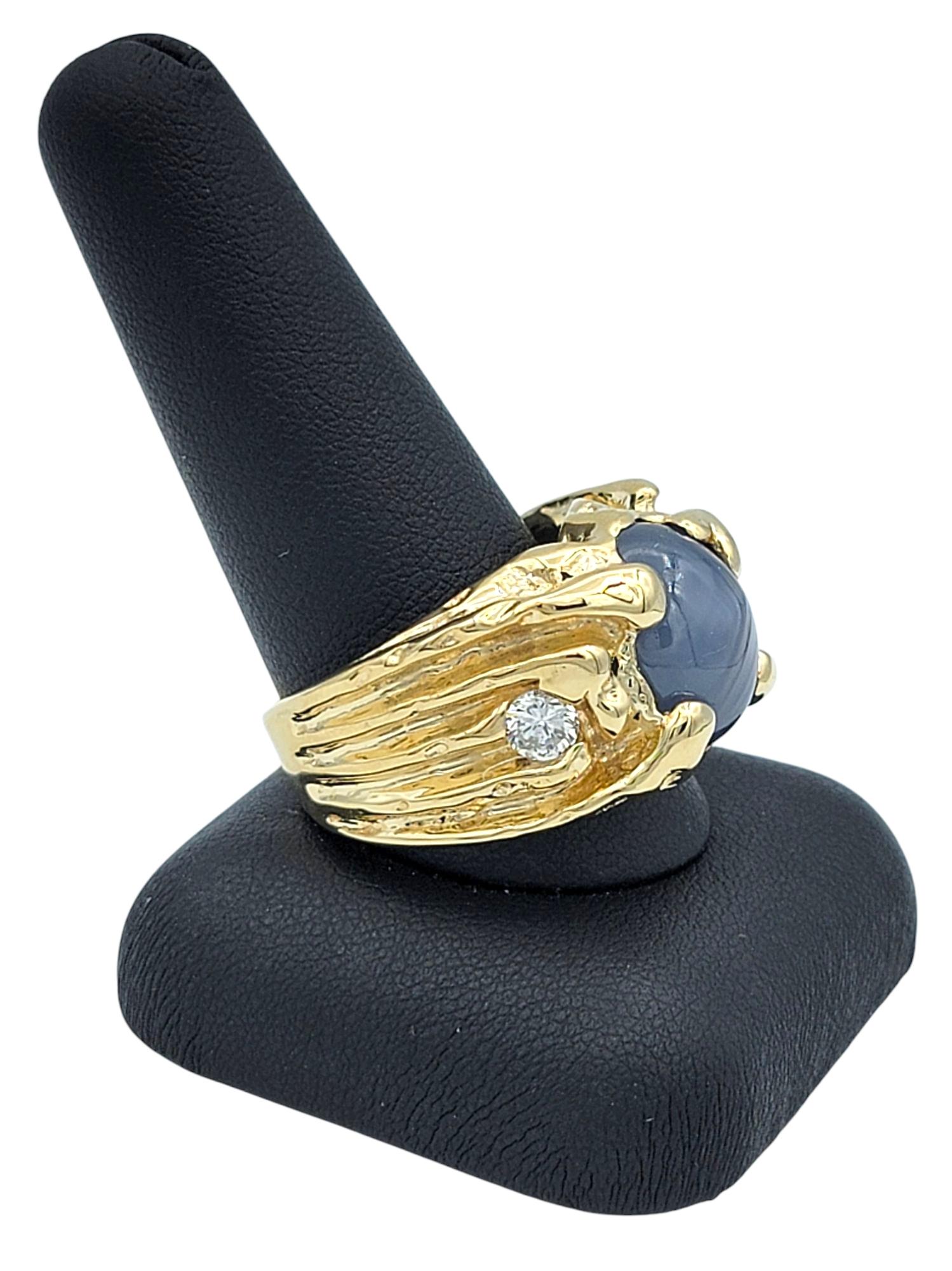 Large Mens Oval Cabochon Cut Star Sapphire & Diamond Ring 14 Karat Yellow Gold For Sale 8
