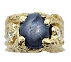 Large Mens Oval Cabochon Cut Star Sapphire & Diamond Ring 14 Karat Yellow Gold