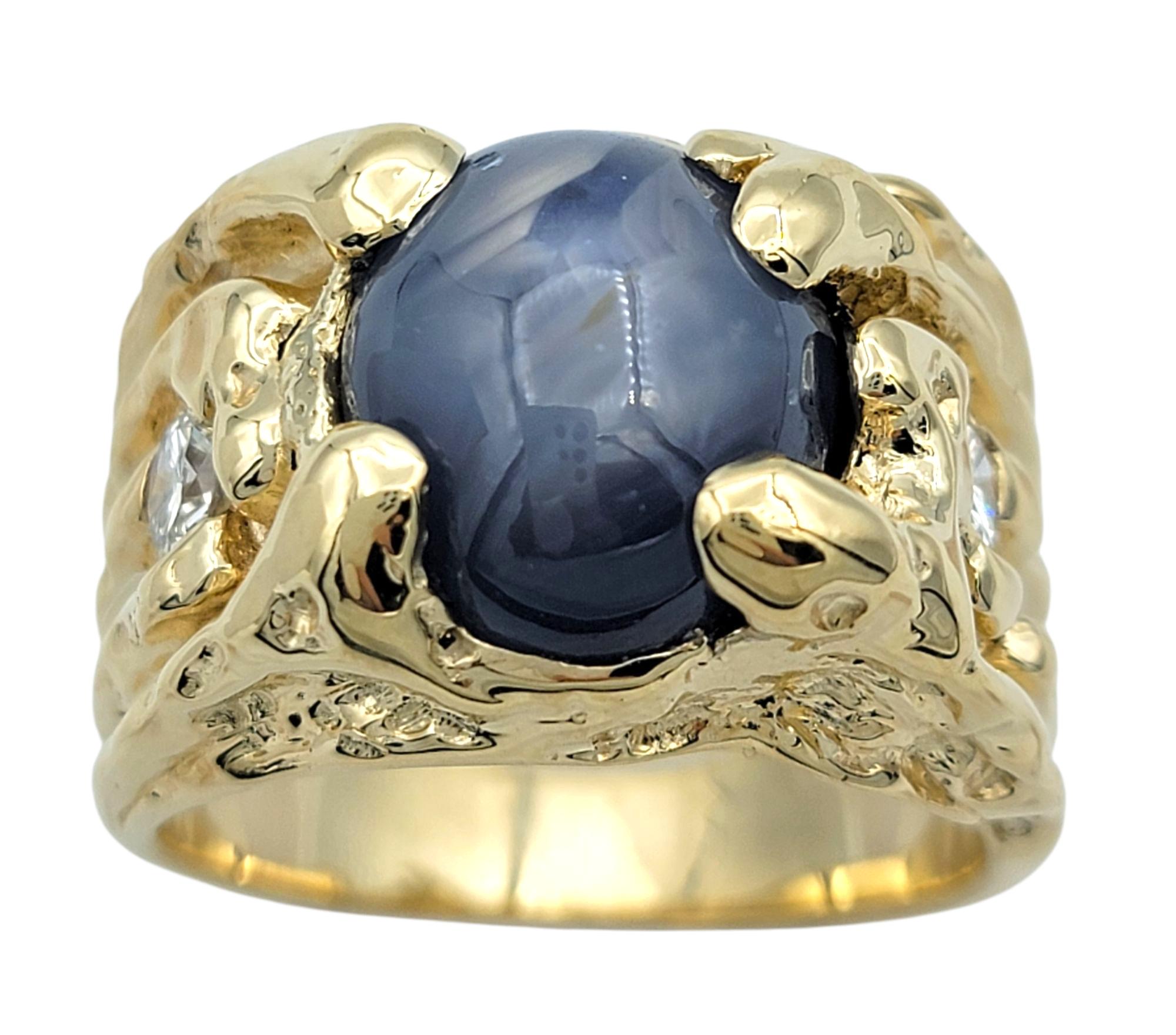 Contemporary Large Mens Oval Cabochon Cut Star Sapphire & Diamond Ring 14 Karat Yellow Gold For Sale