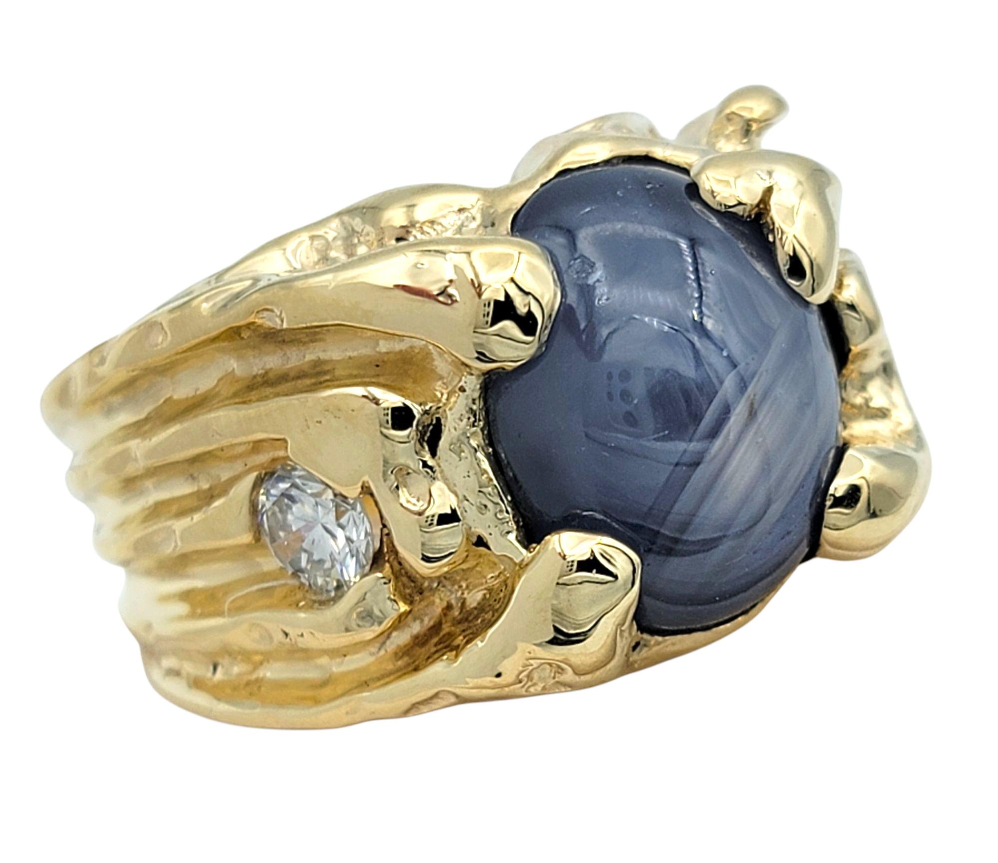 Large Mens Oval Cabochon Cut Star Sapphire & Diamond Ring 14 Karat Yellow Gold In Good Condition For Sale In Scottsdale, AZ