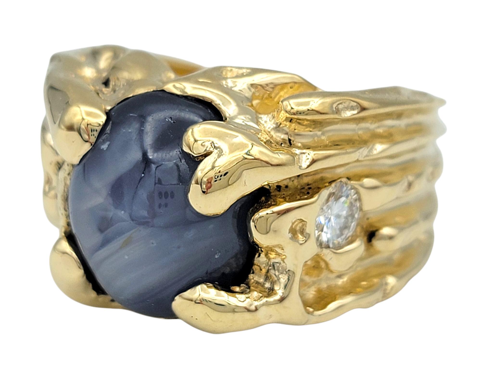 Men's Large Mens Oval Cabochon Cut Star Sapphire & Diamond Ring 14 Karat Yellow Gold For Sale