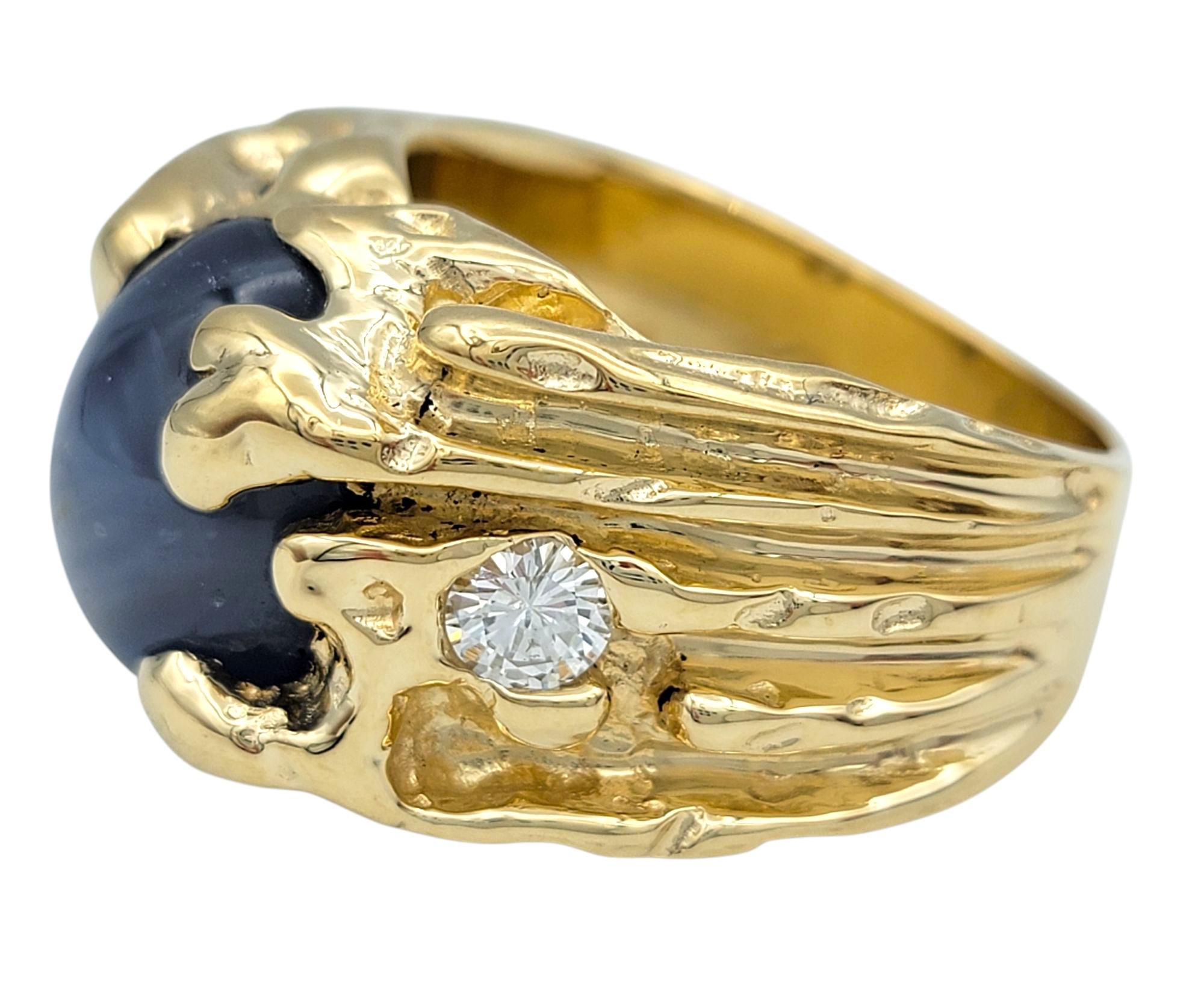 Large Mens Oval Cabochon Cut Star Sapphire & Diamond Ring 14 Karat Yellow Gold For Sale 1