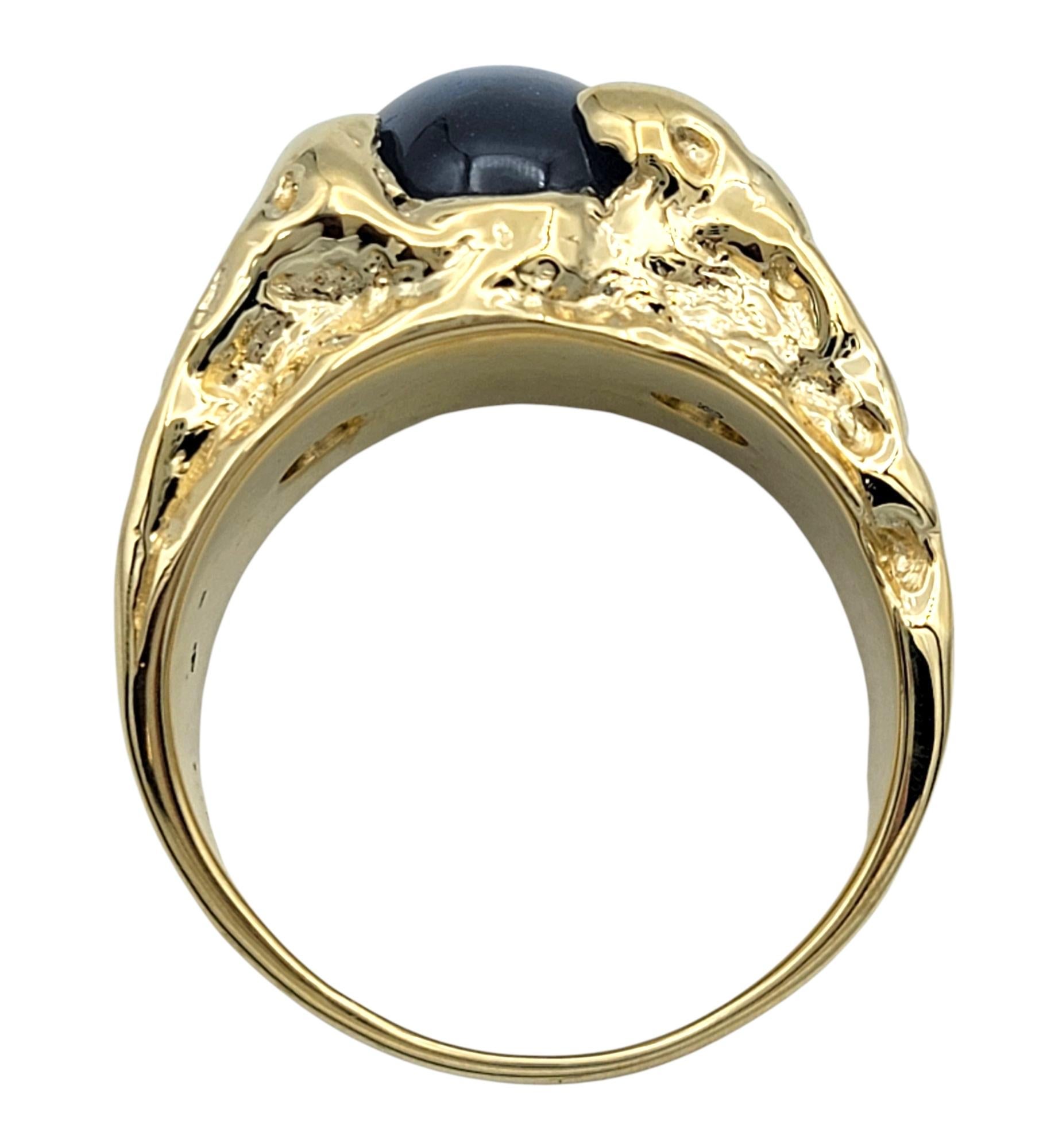 Large Mens Oval Cabochon Cut Star Sapphire & Diamond Ring 14 Karat Yellow Gold For Sale 2