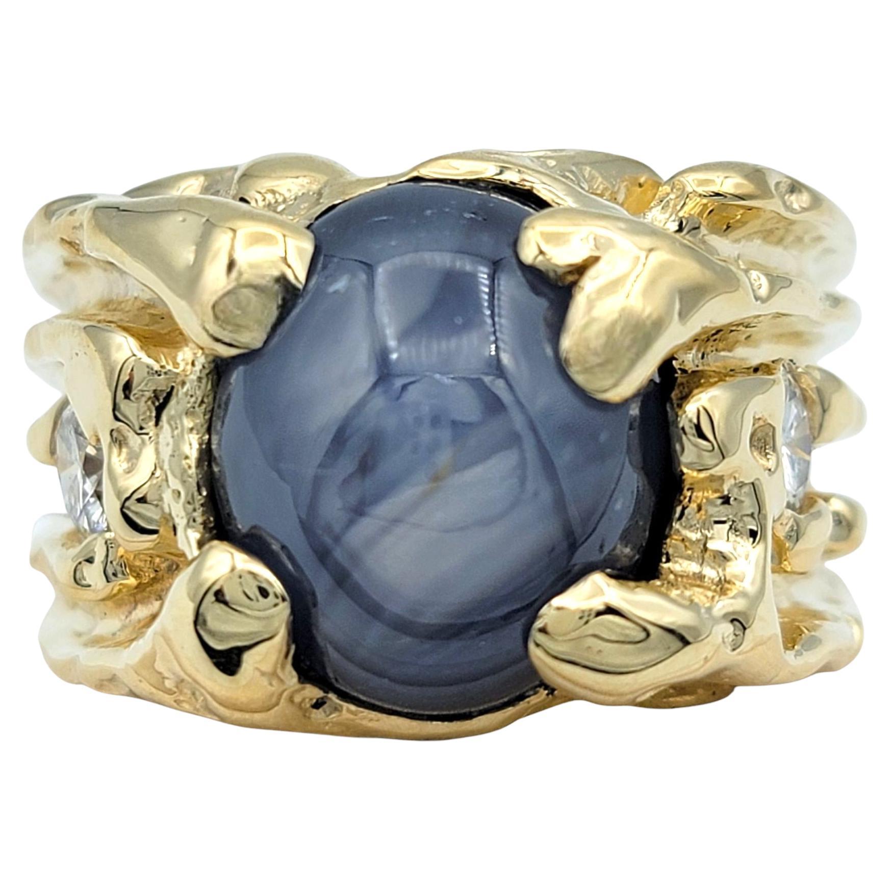 Large Mens Oval Cabochon Cut Star Sapphire & Diamond Ring 14 Karat Yellow Gold