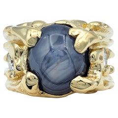 Large Mens Oval Cabochon Cut Star Sapphire & Diamond Ring 14 Karat Yellow Gold