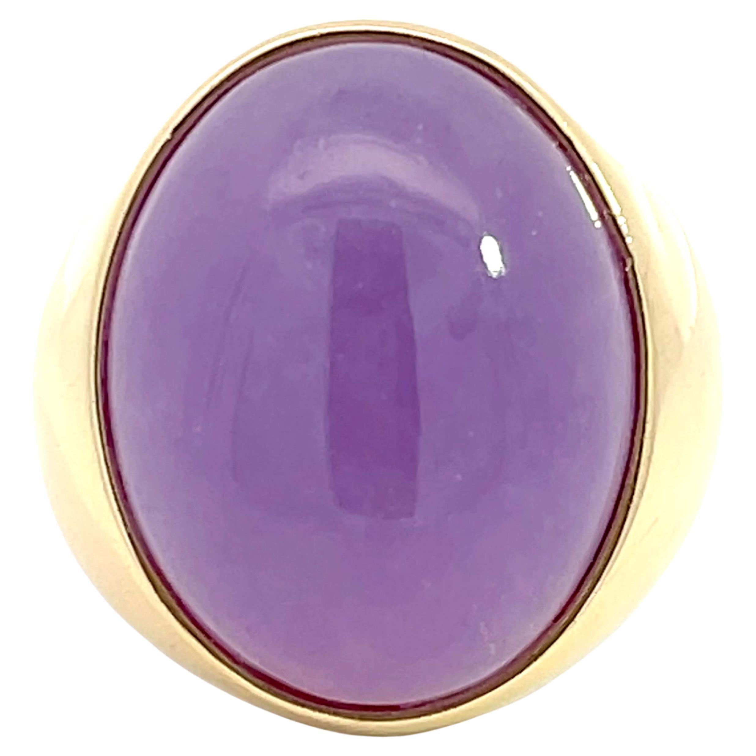 Large Mens Purple 37 Carat Jade Cabochon Ring in 14k Yellow Gold For Sale