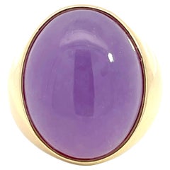 Retro Large Mens Purple 37 Carat Jade Cabochon Ring in 14k Yellow Gold