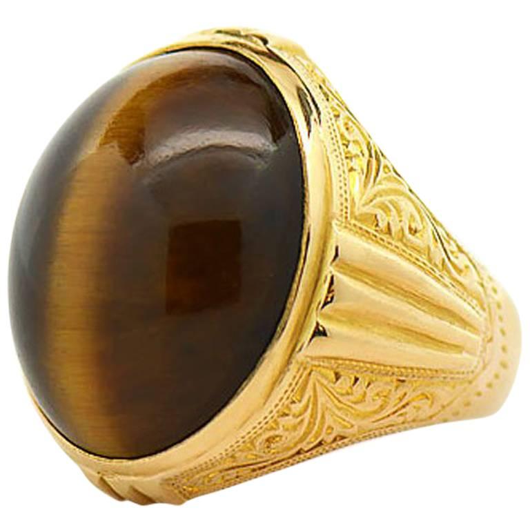 Large Men's Tiger Eye Ring, 21 Karat Yellow Gold with Victorian Engraving