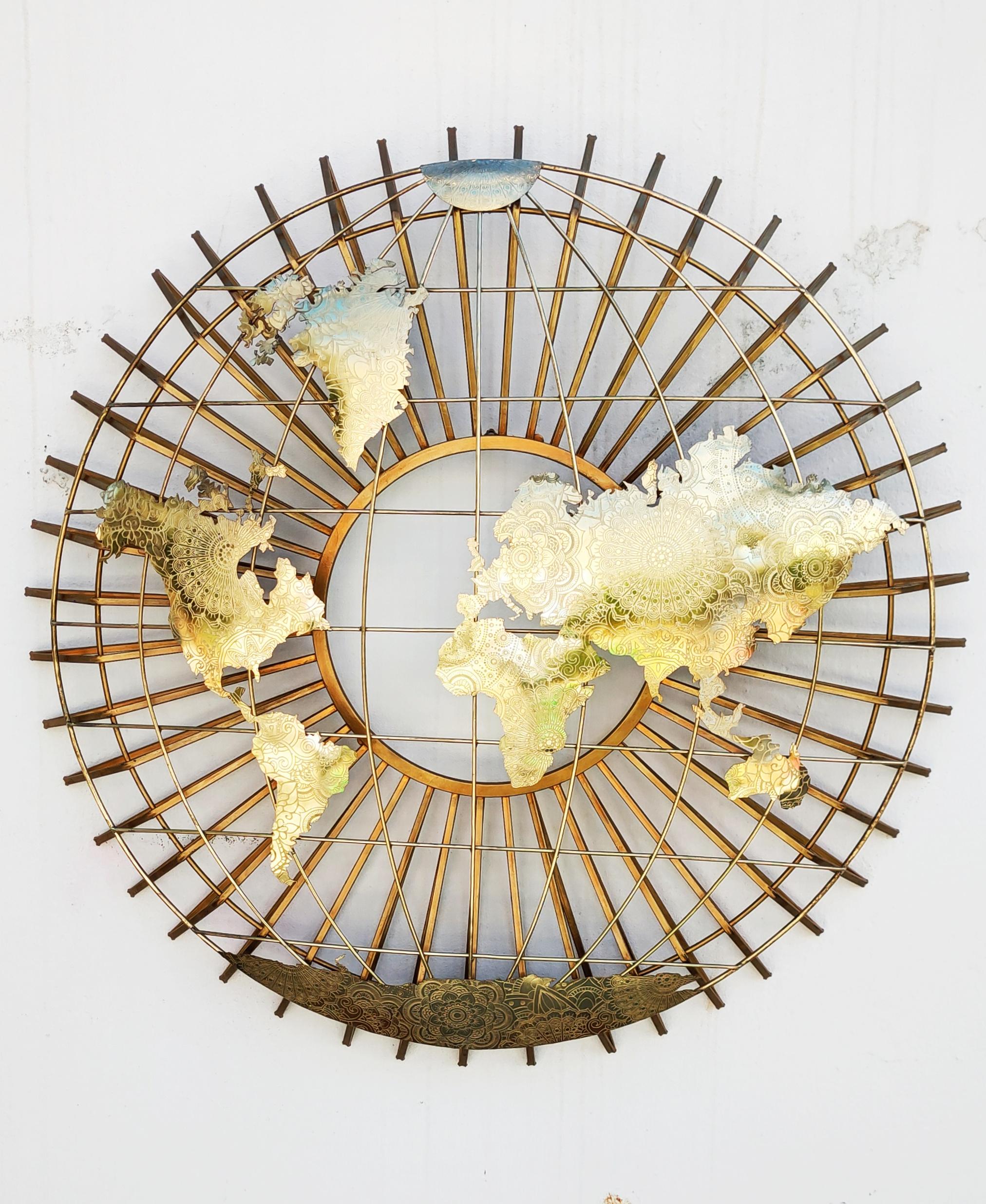 Large Metal and Brass World Globe Map Wall Sculpture, Spain 1970s 7