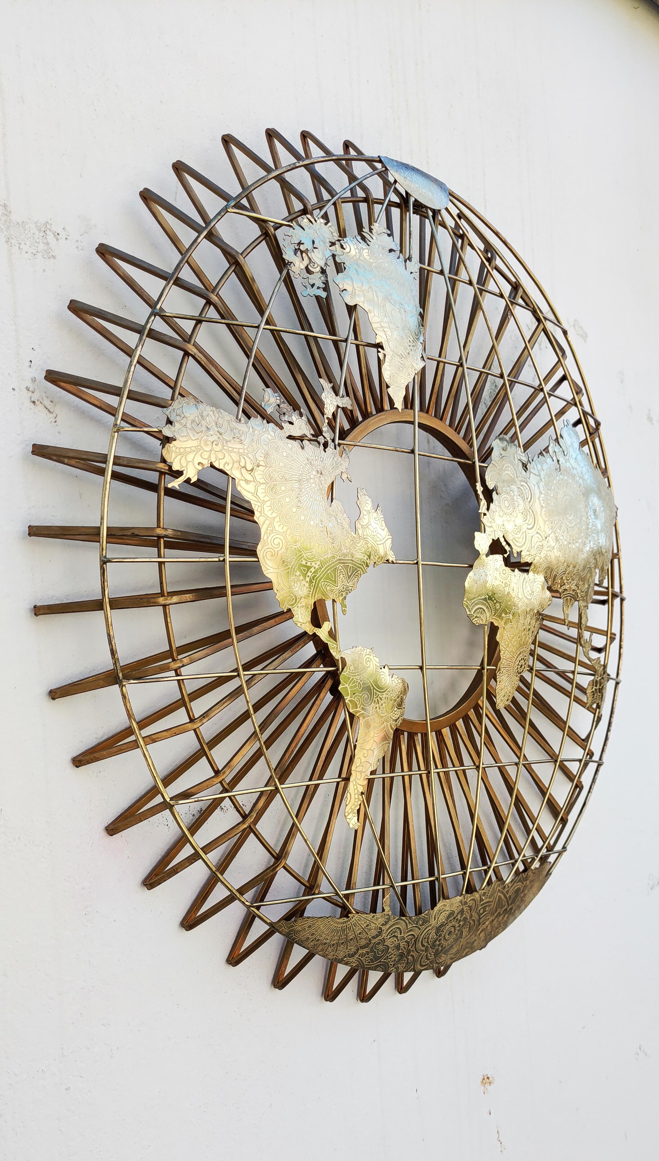 Large Metal and Brass World Globe Map Wall Sculpture, Spain 1970s In Good Condition In L'Escala, ES