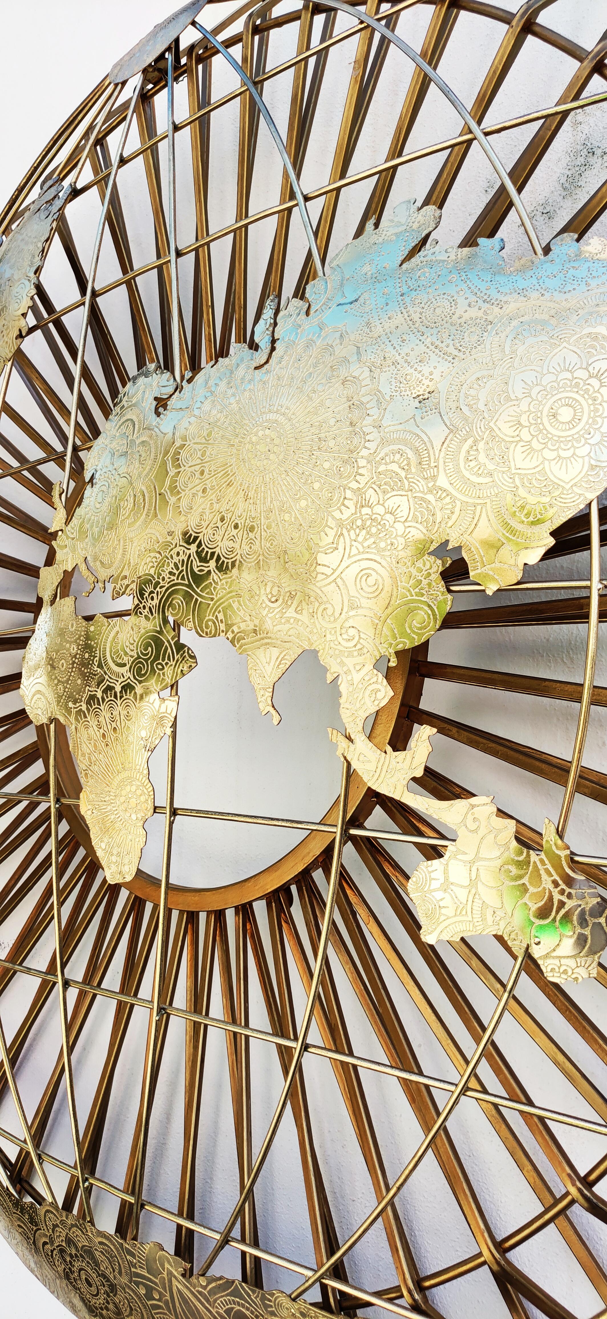 Large Metal and Brass World Globe Map Wall Sculpture, Spain 1970s 4