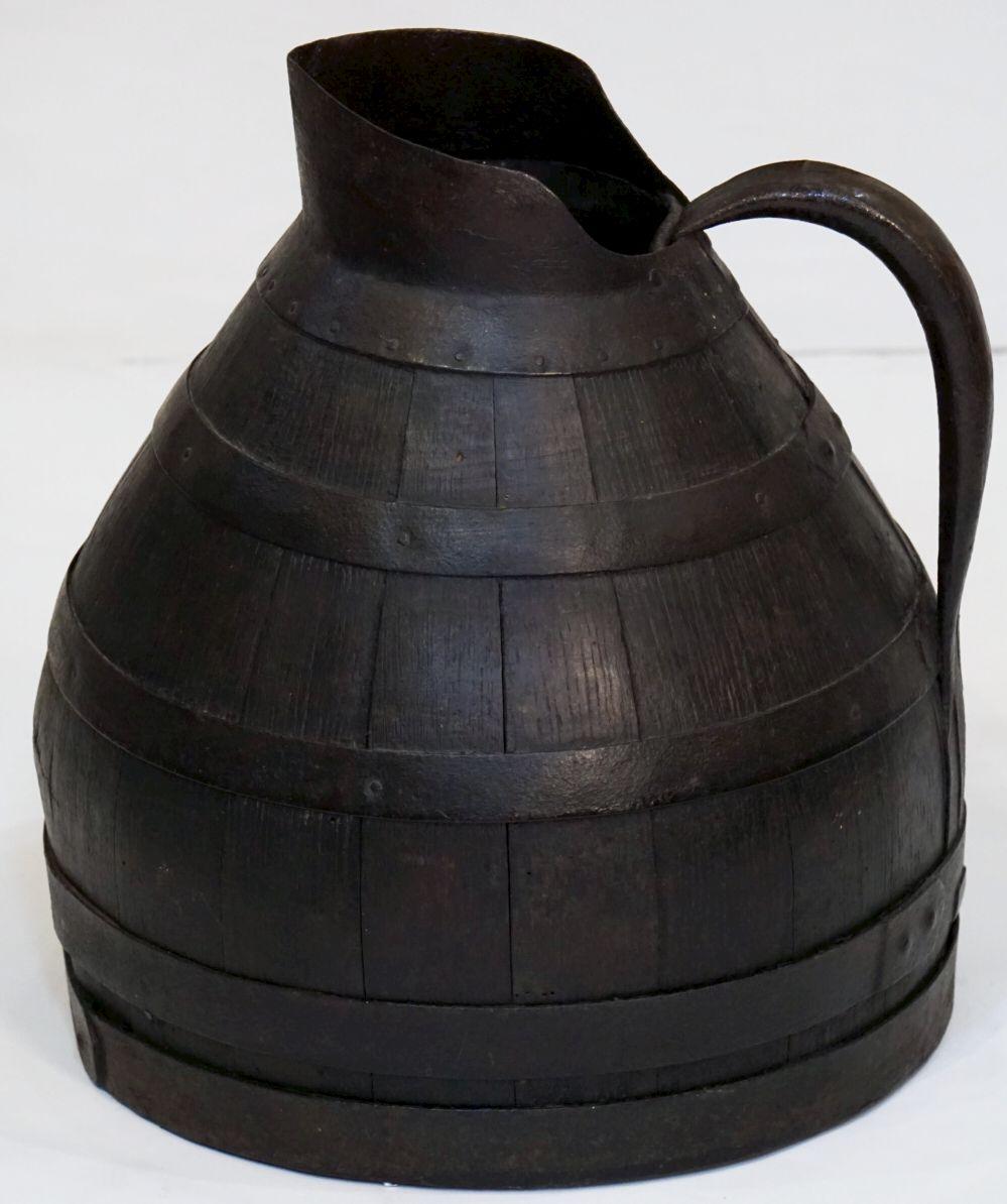 Large Metal-Bound Wooden Burgundy Wine Pitcher from France For Sale 6