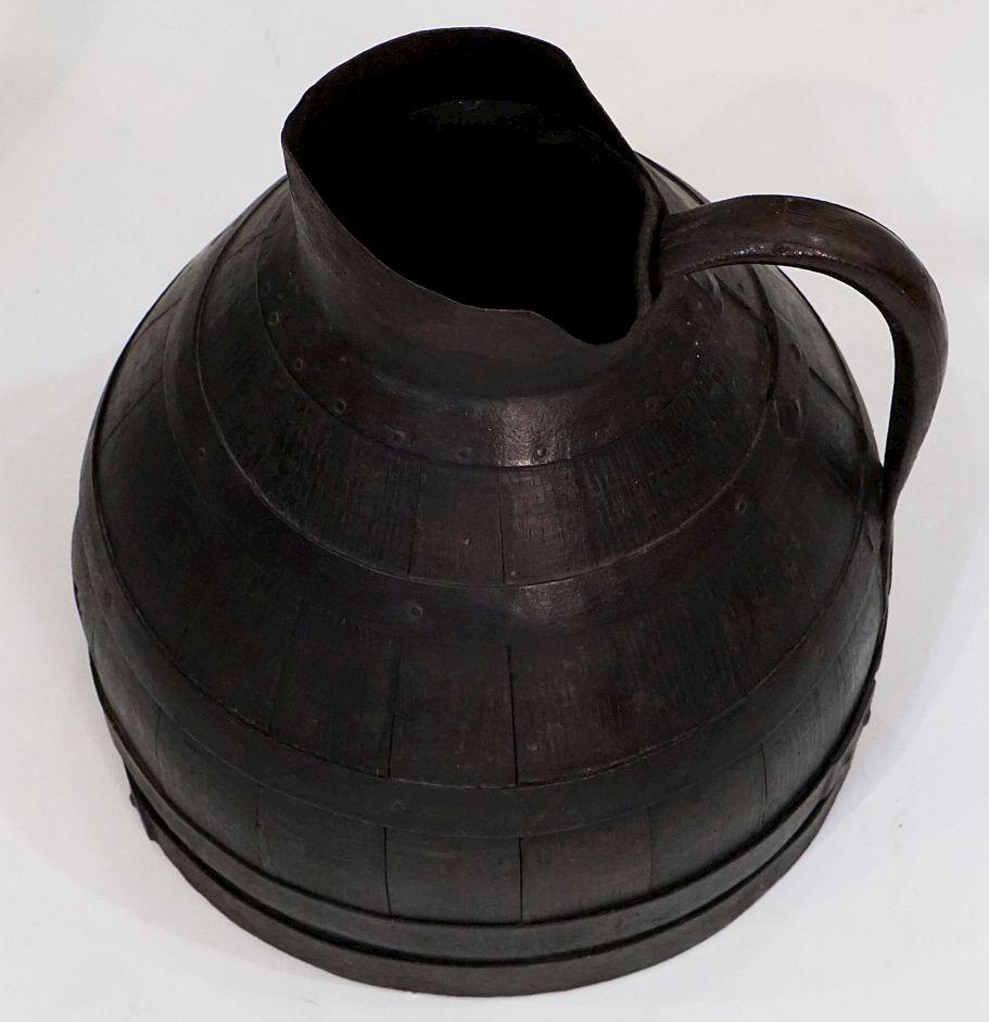 Rustic Large Metal-Bound Wooden Burgundy Wine Pitcher from France For Sale