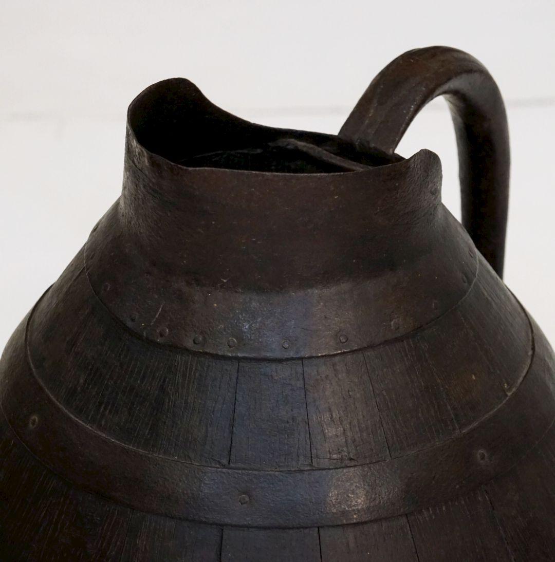 Patinated Large Metal-Bound Wooden Burgundy Wine Pitcher from France For Sale