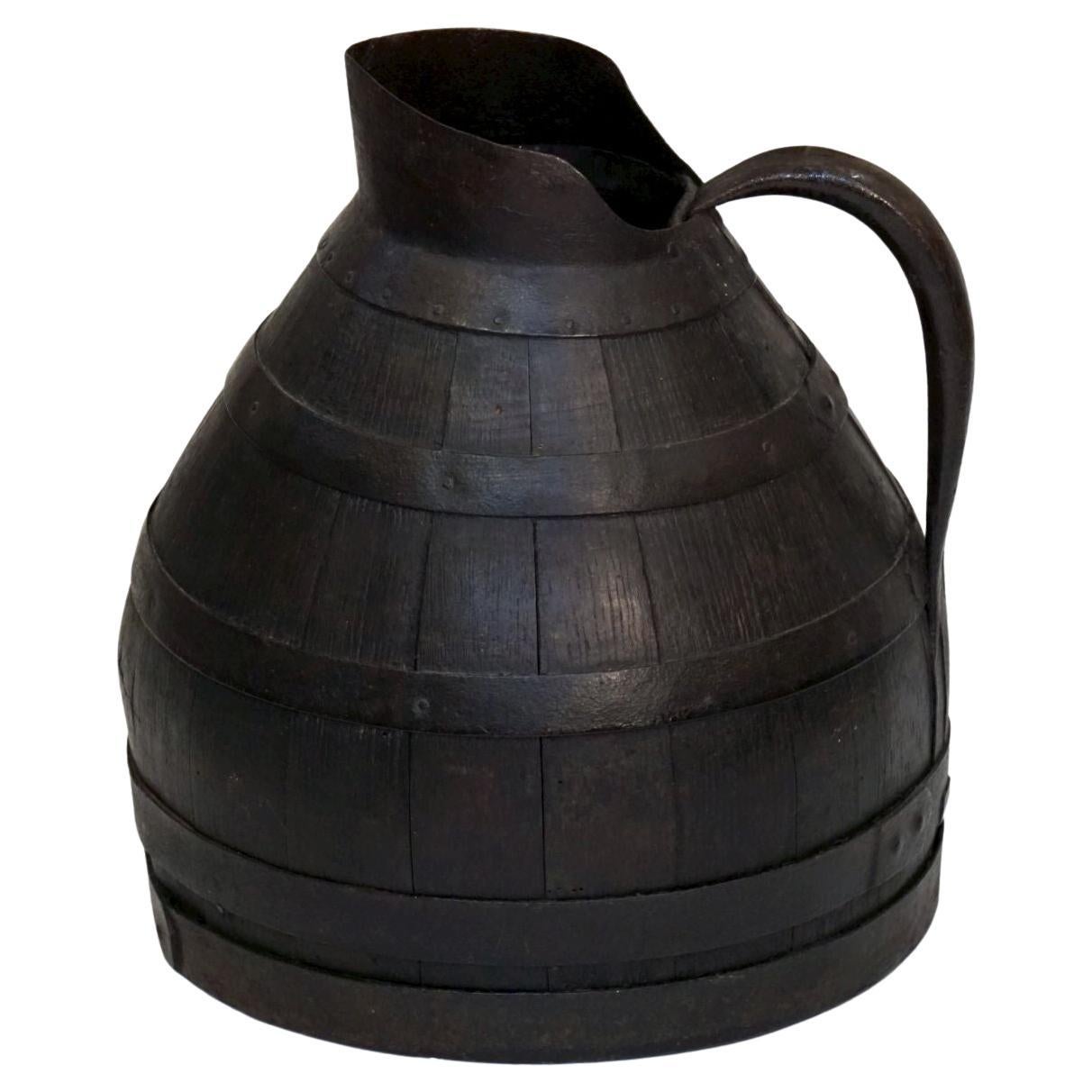 Large Metal-Bound Wooden Burgundy Wine Pitcher from France For Sale