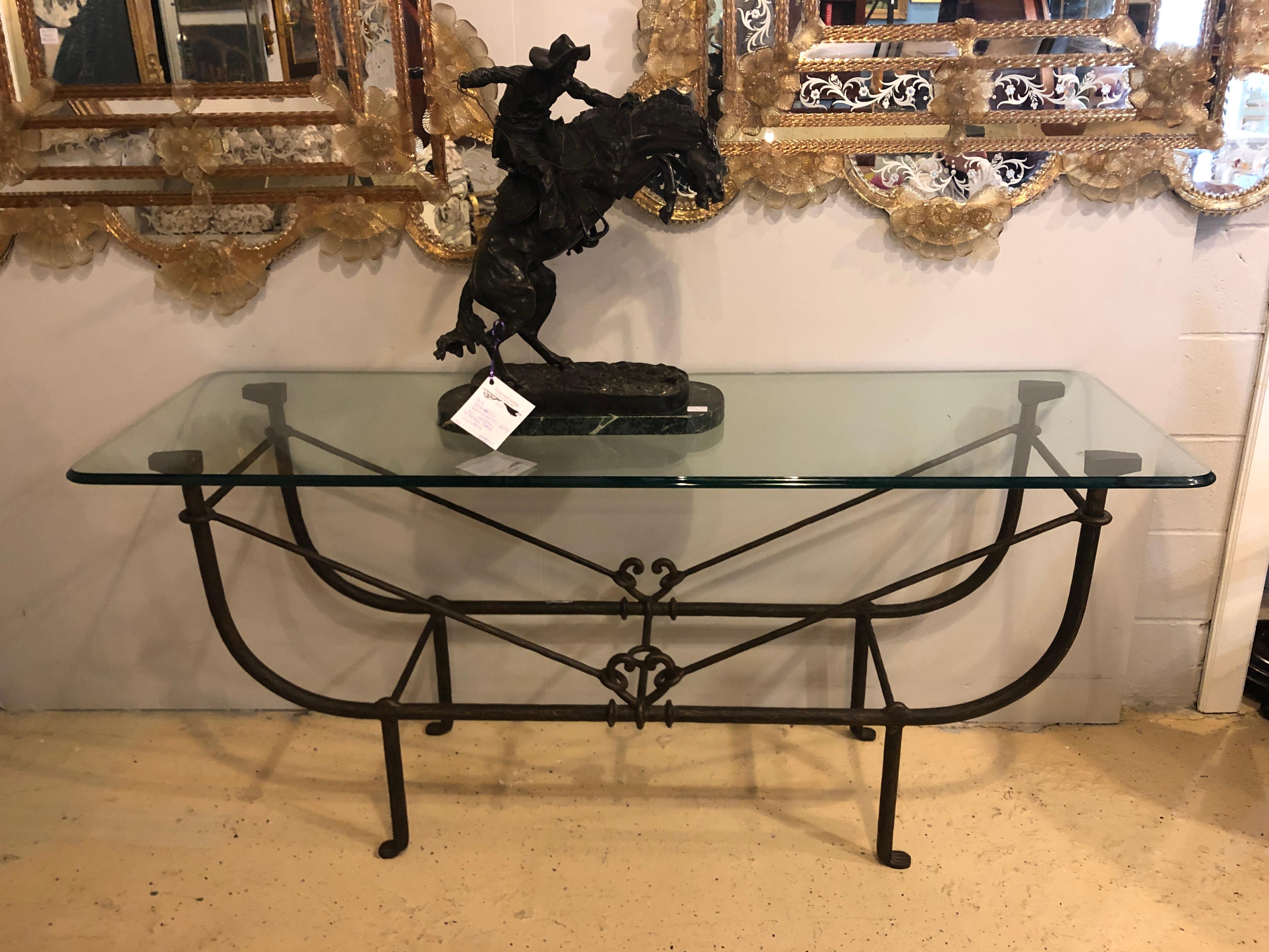 Large Metal Diego Giacometti Style Console or Sofa Table Metal and Glass In Good Condition In Stamford, CT
