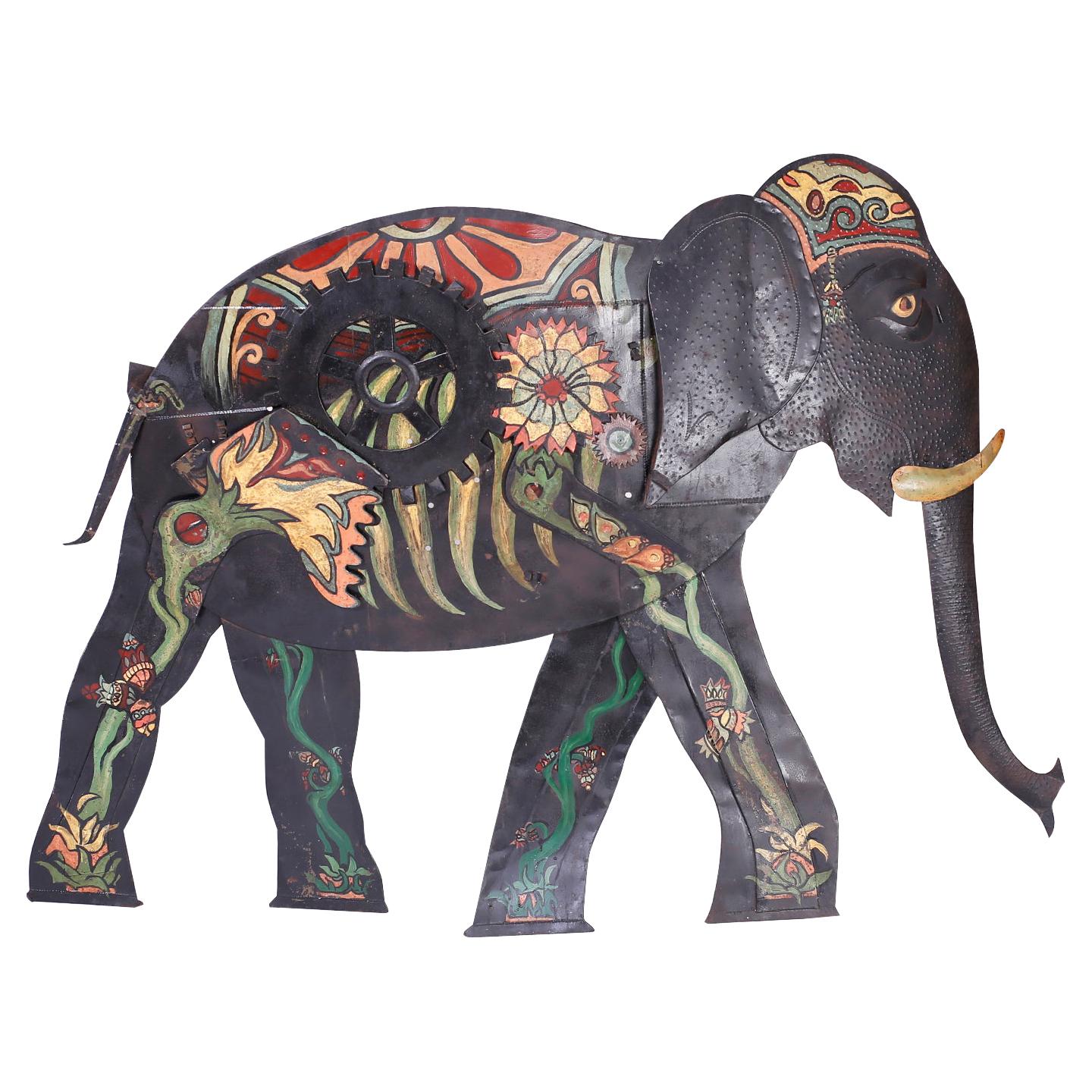Grande sculpture murale d'éléphant en métal