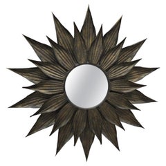 Large Metal Faded Gold Leaf Sunburst Wall Mirror