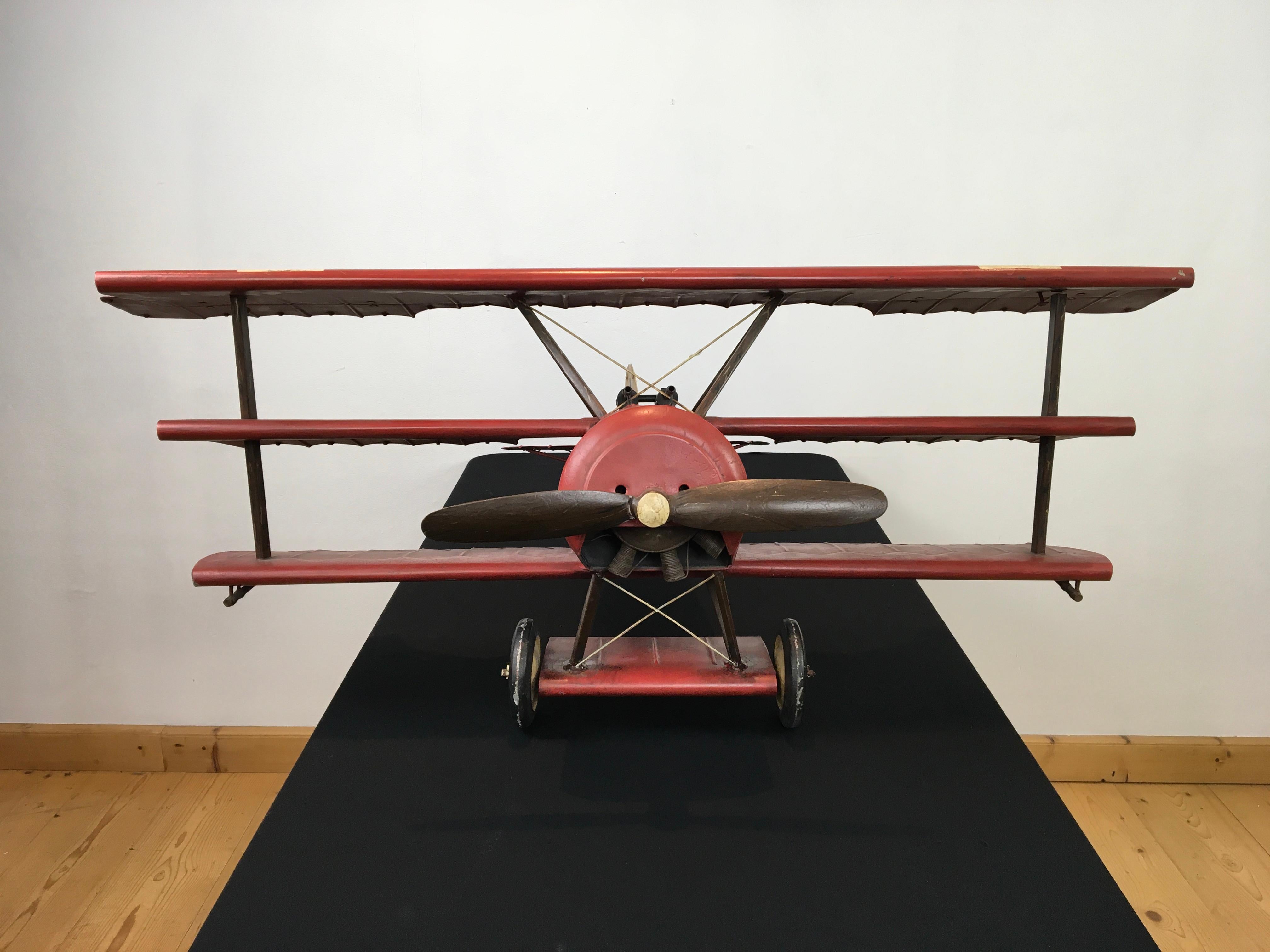 Industrial Large Metal Fokker Red Baron Tri-Plane Model