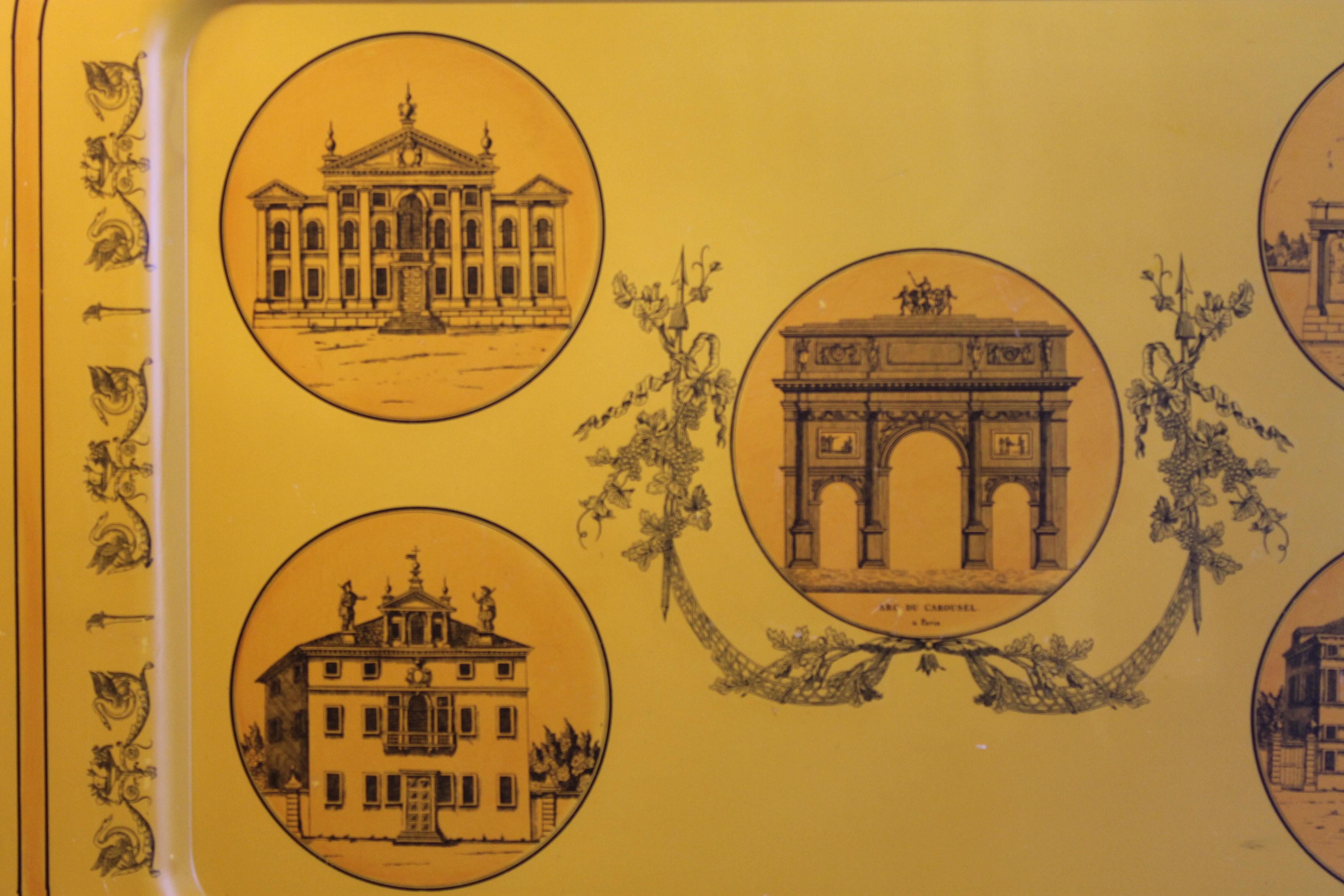 A heavy gauge large scale painted metal tray by Mottahedeh featuring historical Parisian landmarks. Beautiful golden marigold tones. Tray measures: 27