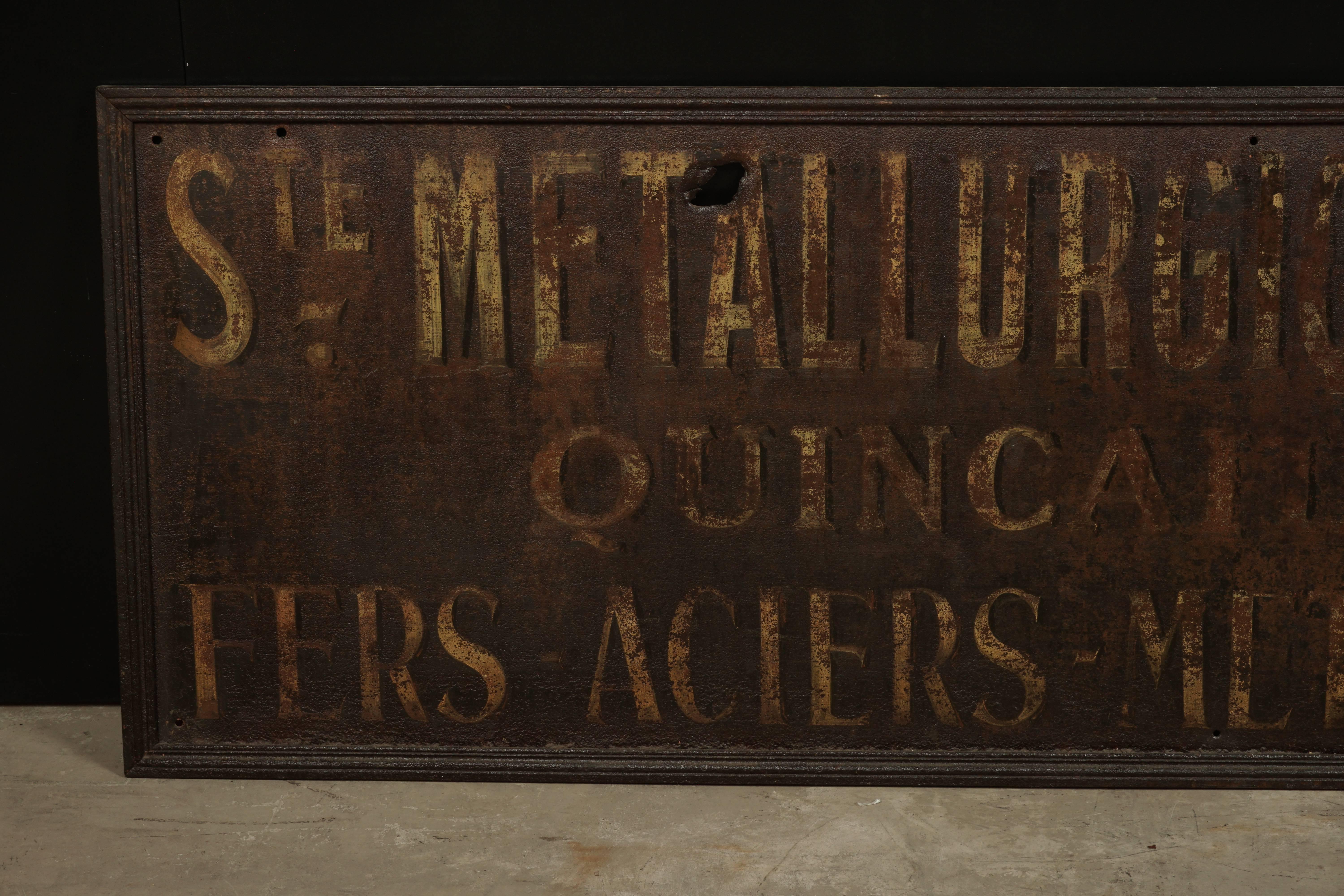 Vintage large metal shop sign from France, circa 1900. Wonderful original color and patina.