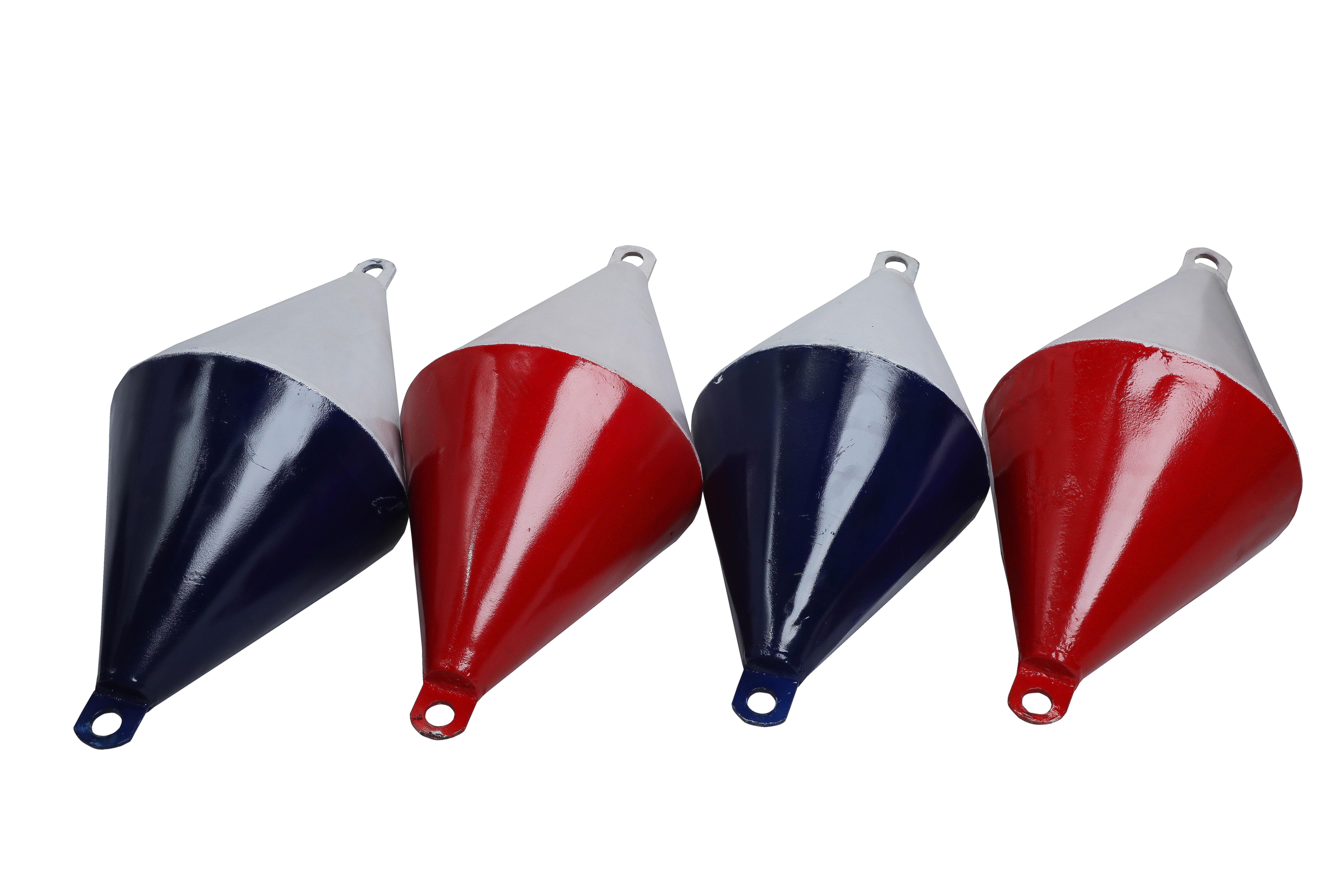A great collection of large, metal signal day buoys.  These are a double-cone shape.  Day buoys are used to signal valuable information about a ship during daylight hours and are generally black.  These have been repainted.  Each shape sends a