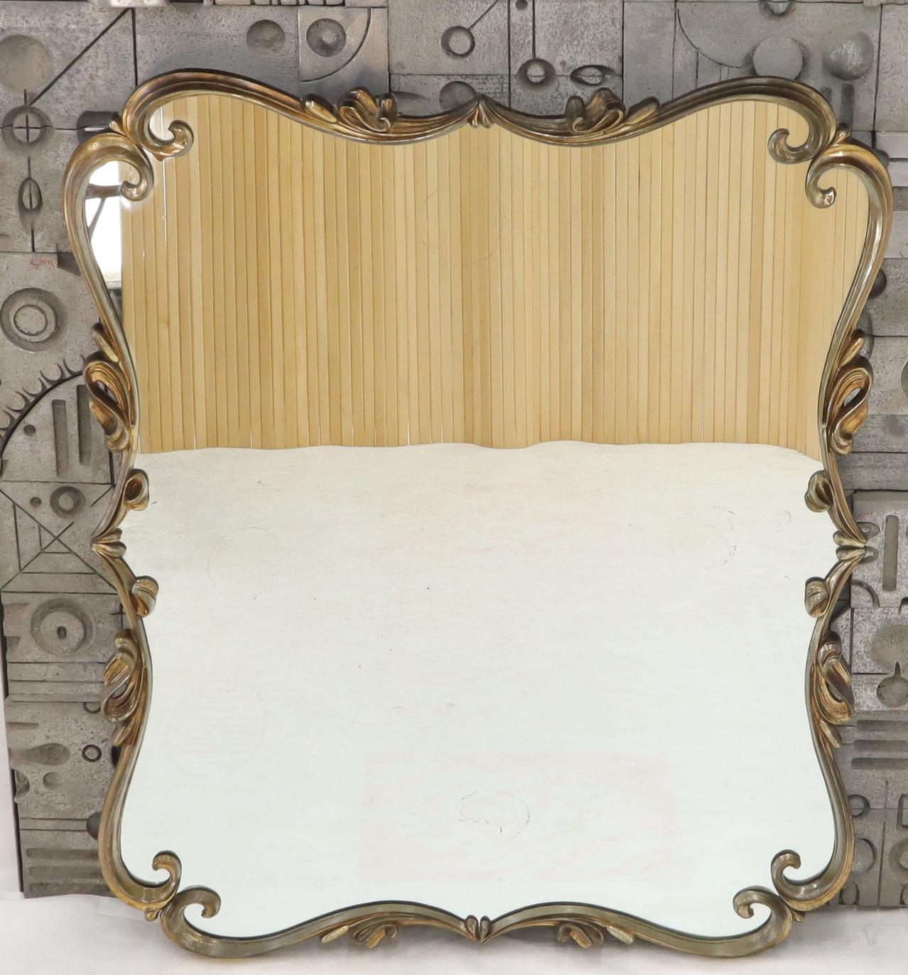 Mid-Century Modern Large Cast Metal Silver Gilt Scroll Frame Mirror