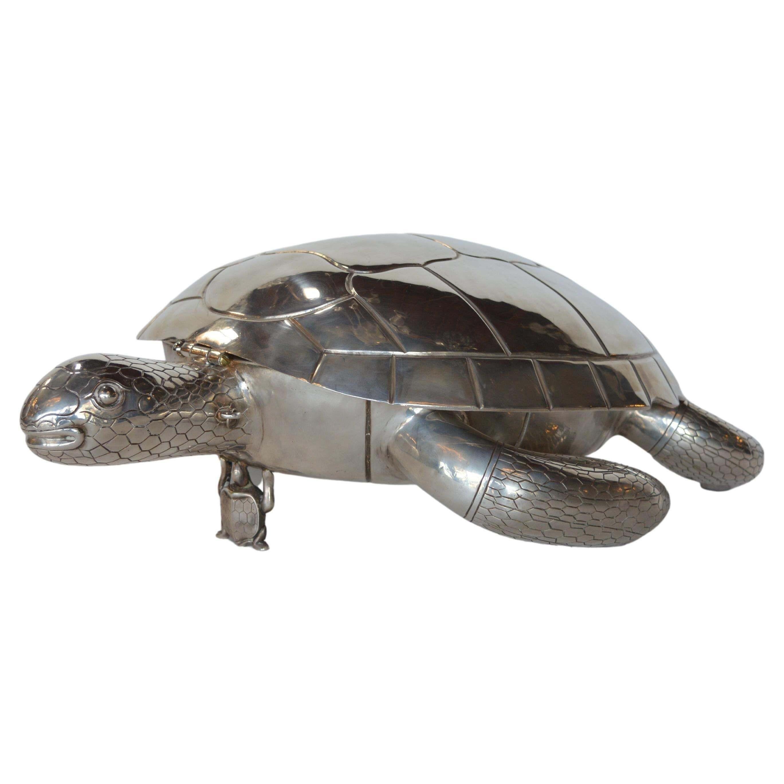 Large Metal Silver Plated Turtle Box For Sale 5