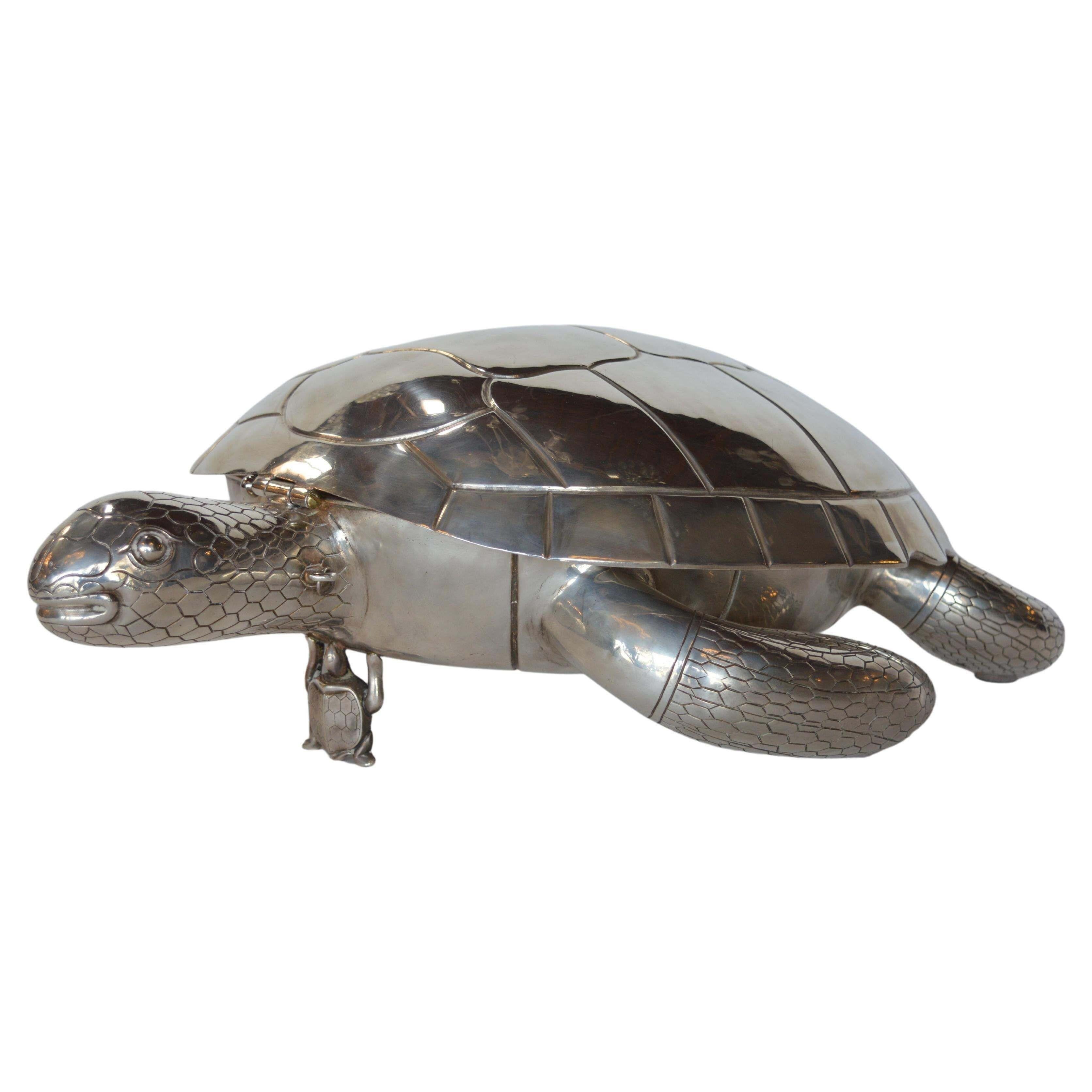 Large Metal Silver Plated Turtle Box.