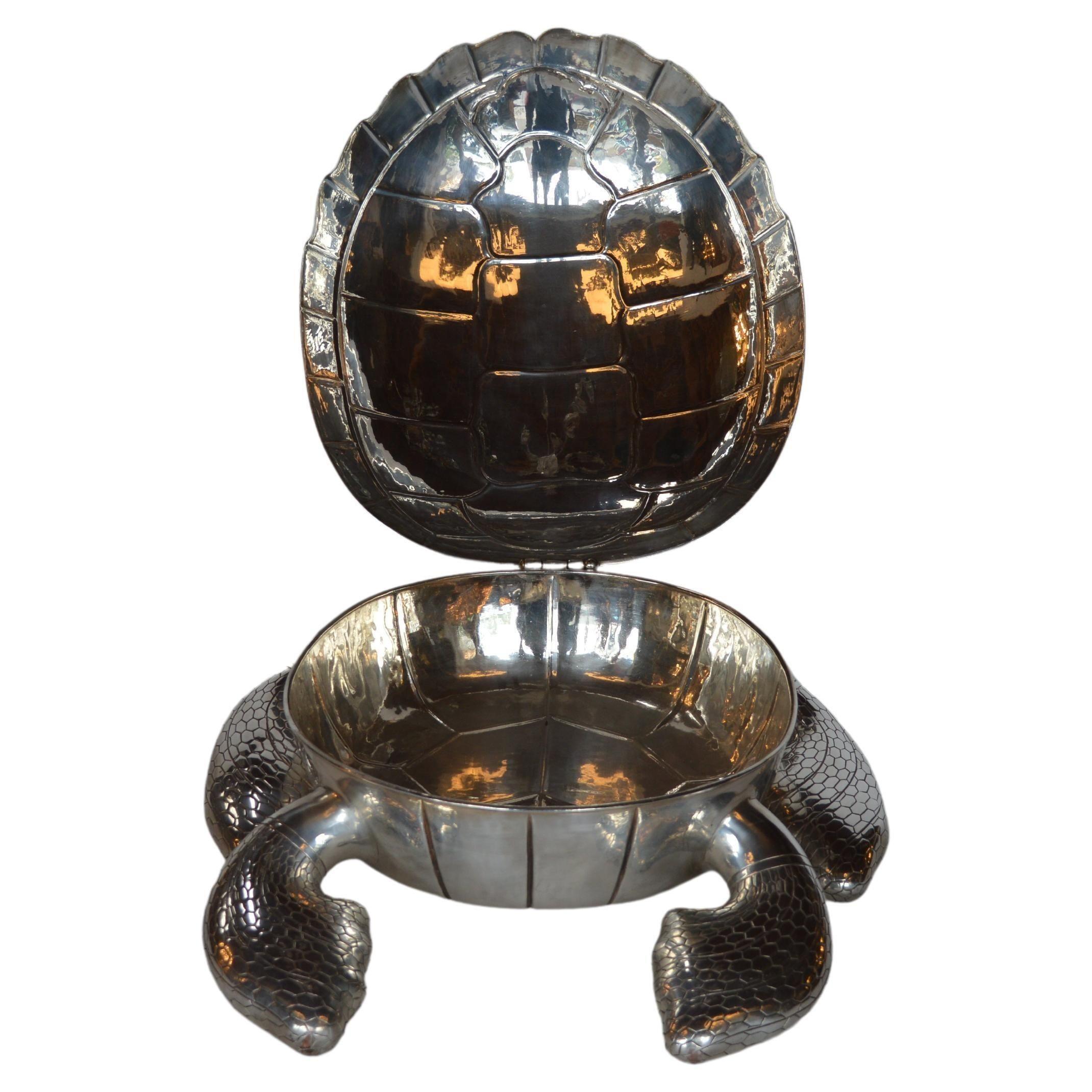 Italian Large Metal Silver Plated Turtle Box For Sale
