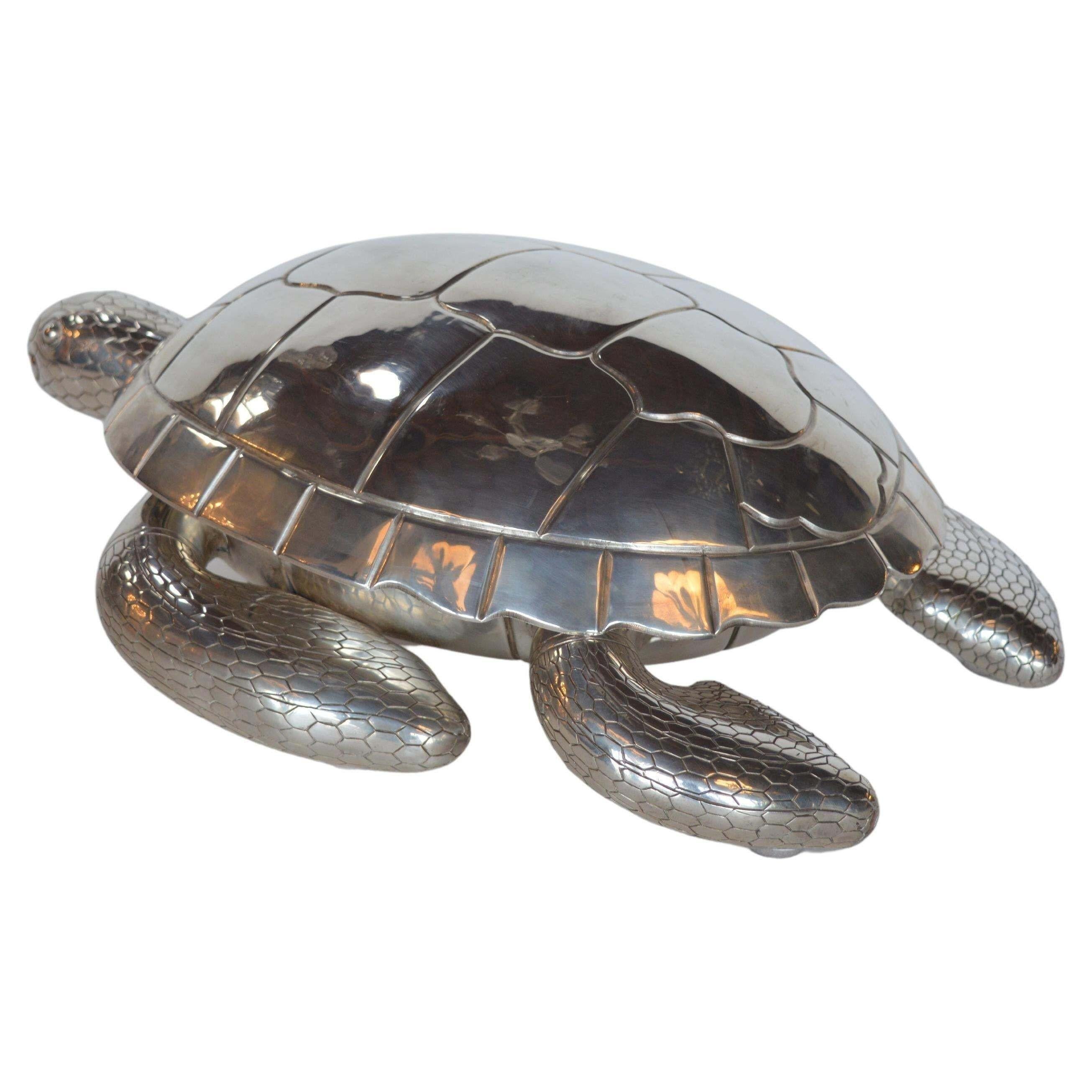 Début du 20ème siècle Grande boîte à tortue en métal argenté en vente