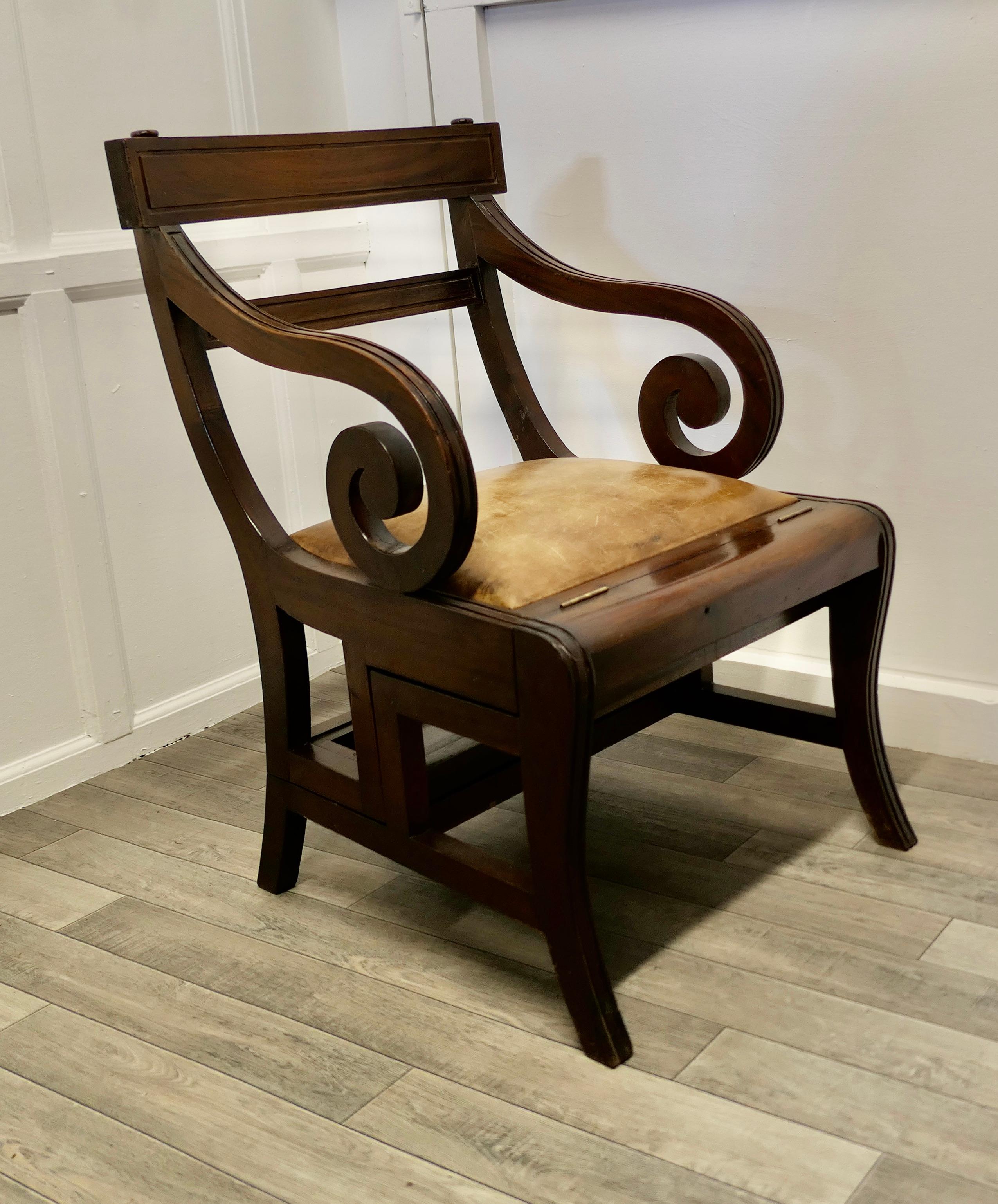 Large Metamorphic library chair or library steps

A superb and useful piece, this roomy and comfortable Regency style chair can be flipped over and turned into a 4 step ladder
The chair has been sympathetically restored, the leather treads for